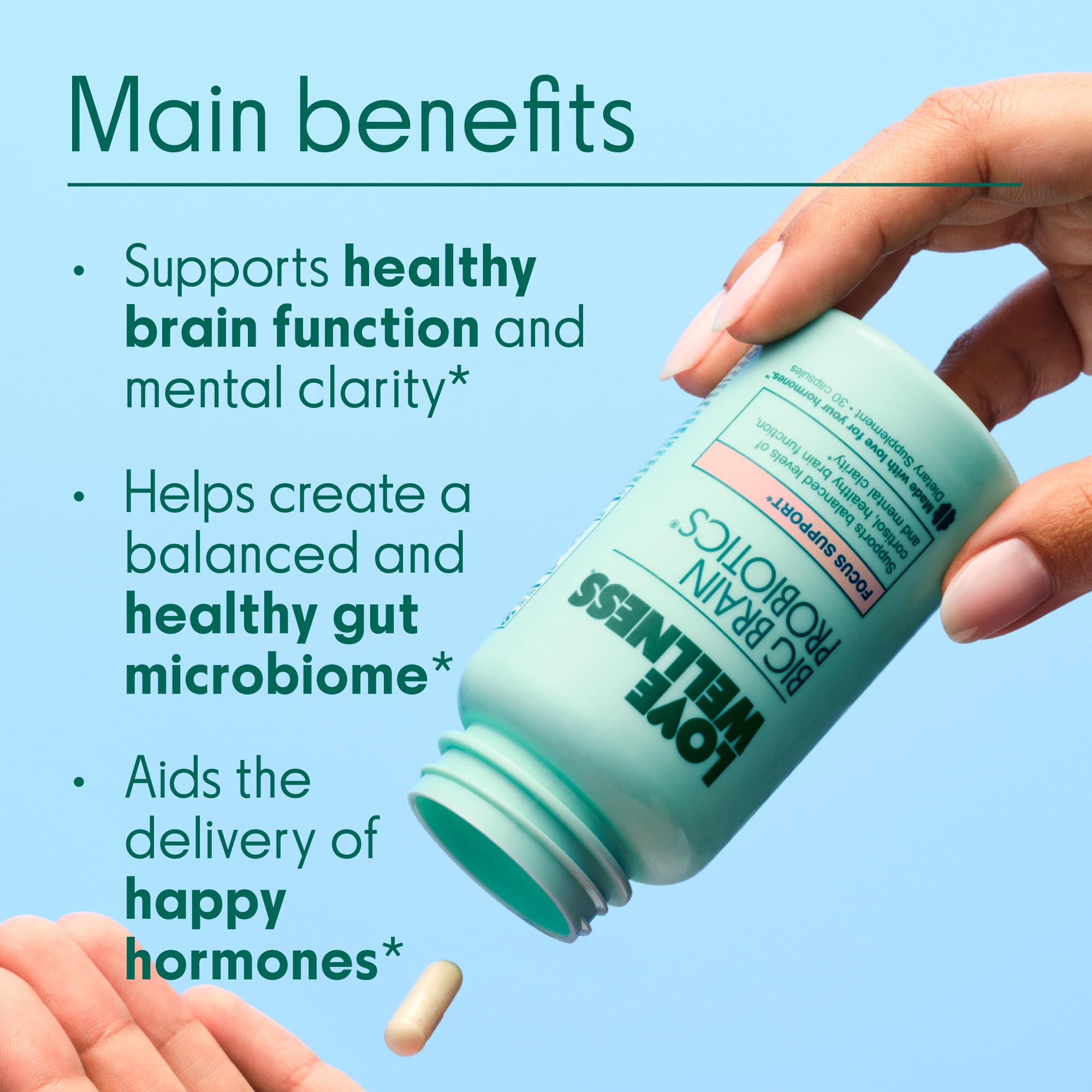 Love Wellness frasco en mano para mostrar tamaño y cantidad por envase