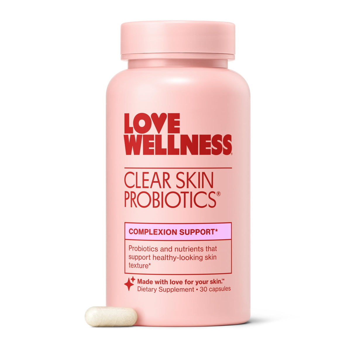 Love Wellness frasco frontal mostrando cápsulas y beneficios para piel más clara