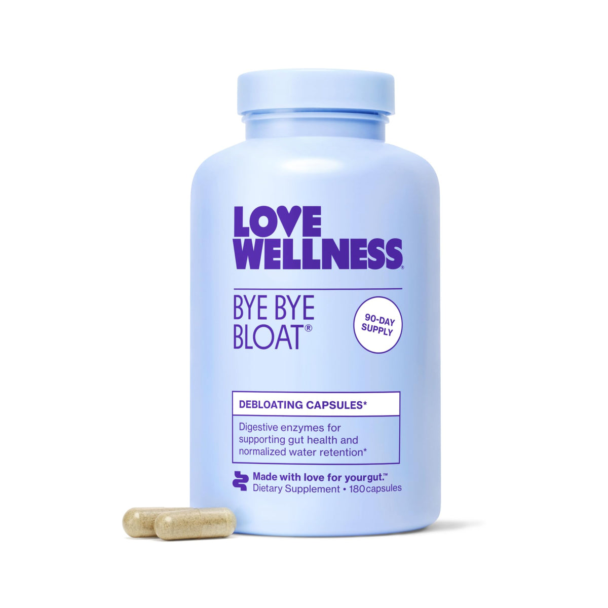 Love Wellness frasco frontal mostrando etiquetas claras y beneficio digestivo
