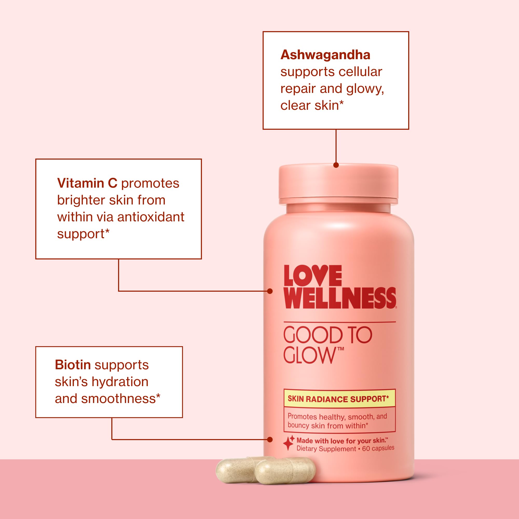 Love Wellness cápsula Good to Glow en mano para comparar tamaño y facilidad