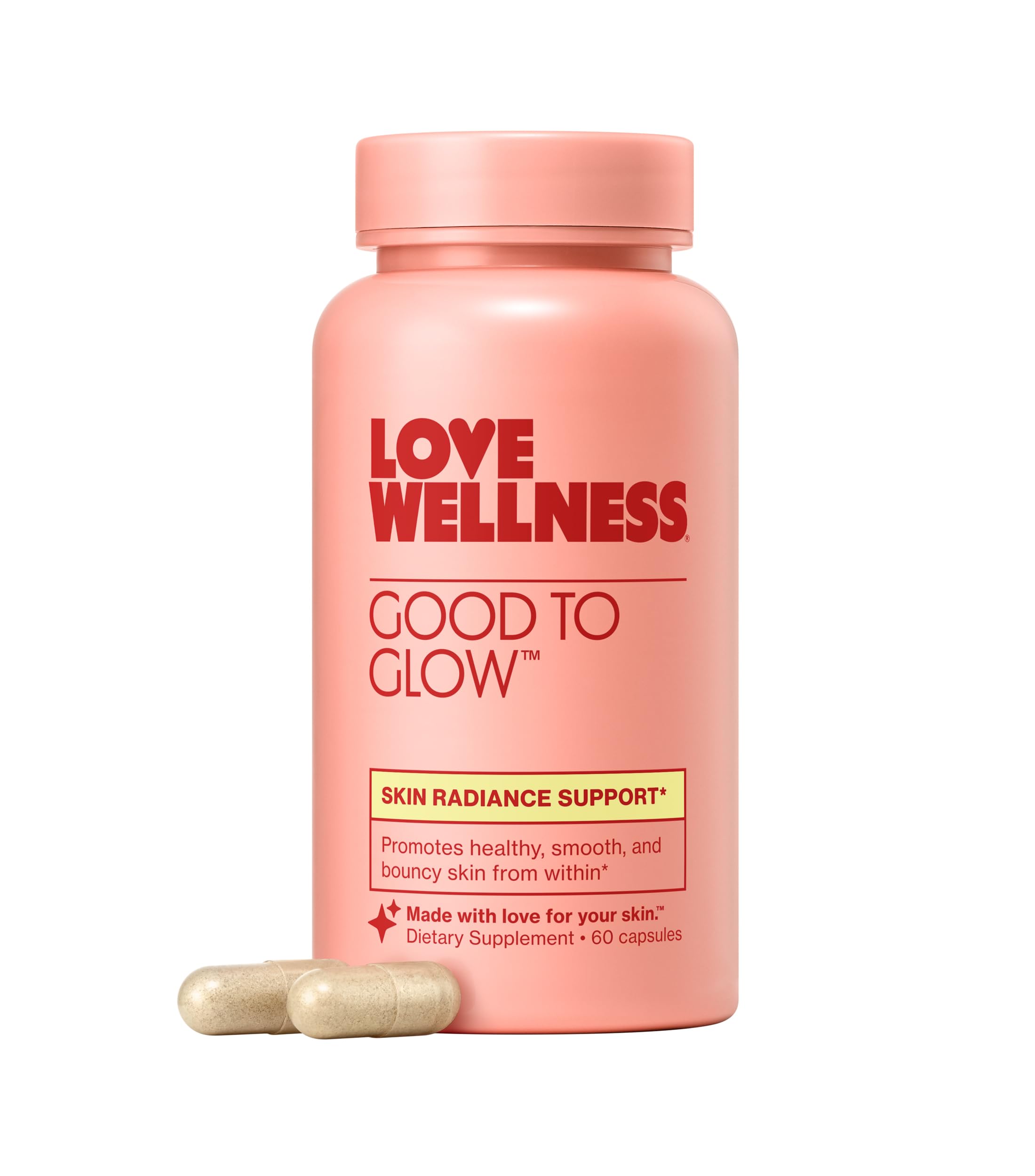 Love Wellness frasco Good to Glow al frente mostrando diseño y beneficios