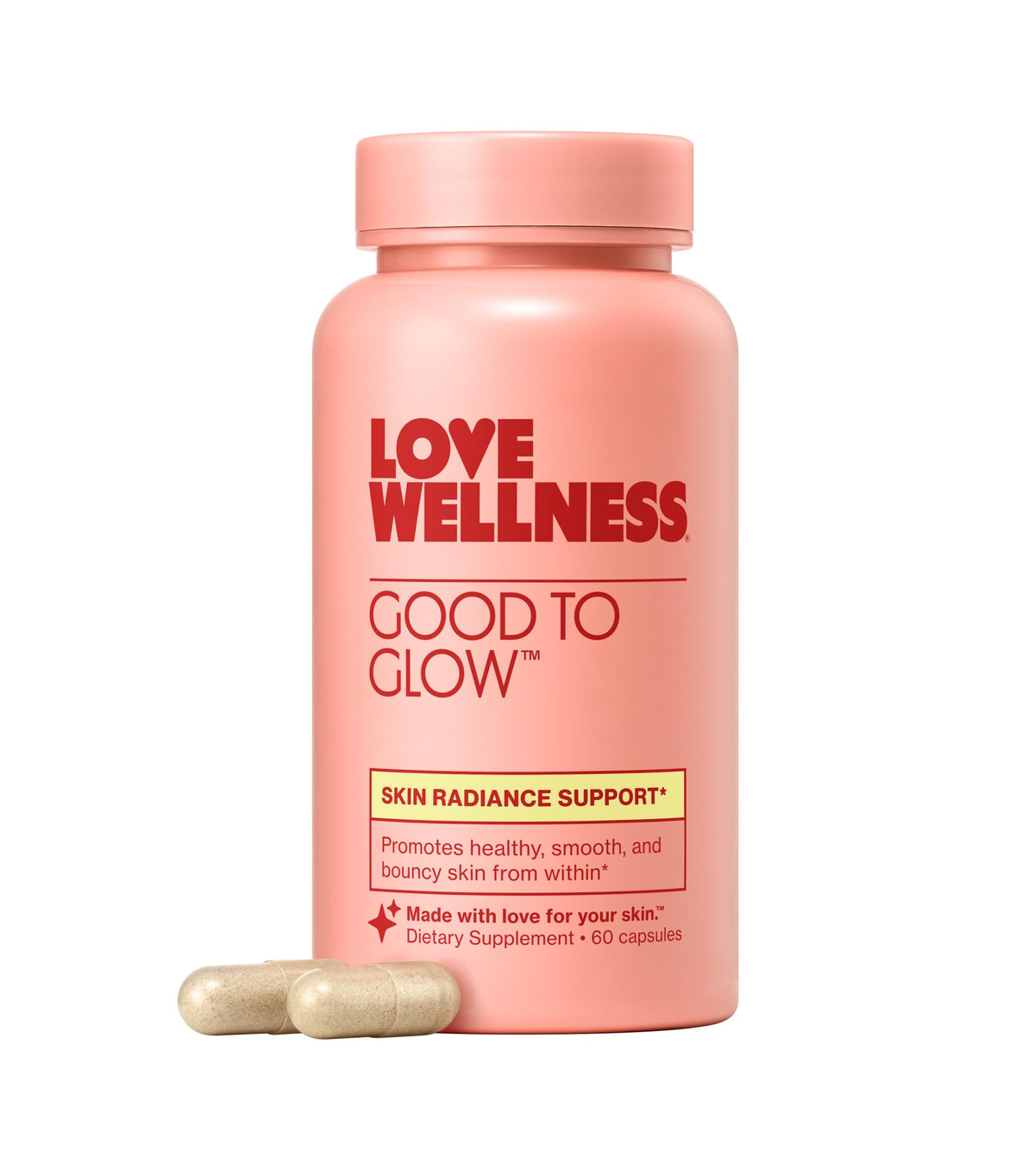Love Wellness frasco Good to Glow al frente mostrando diseño y beneficios