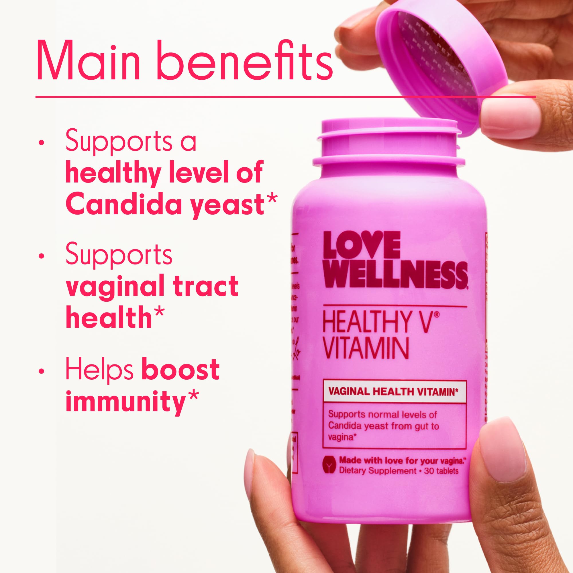 Love Wellness Healthy V tableta vista de cerca, beneficio de ingredientes naturales