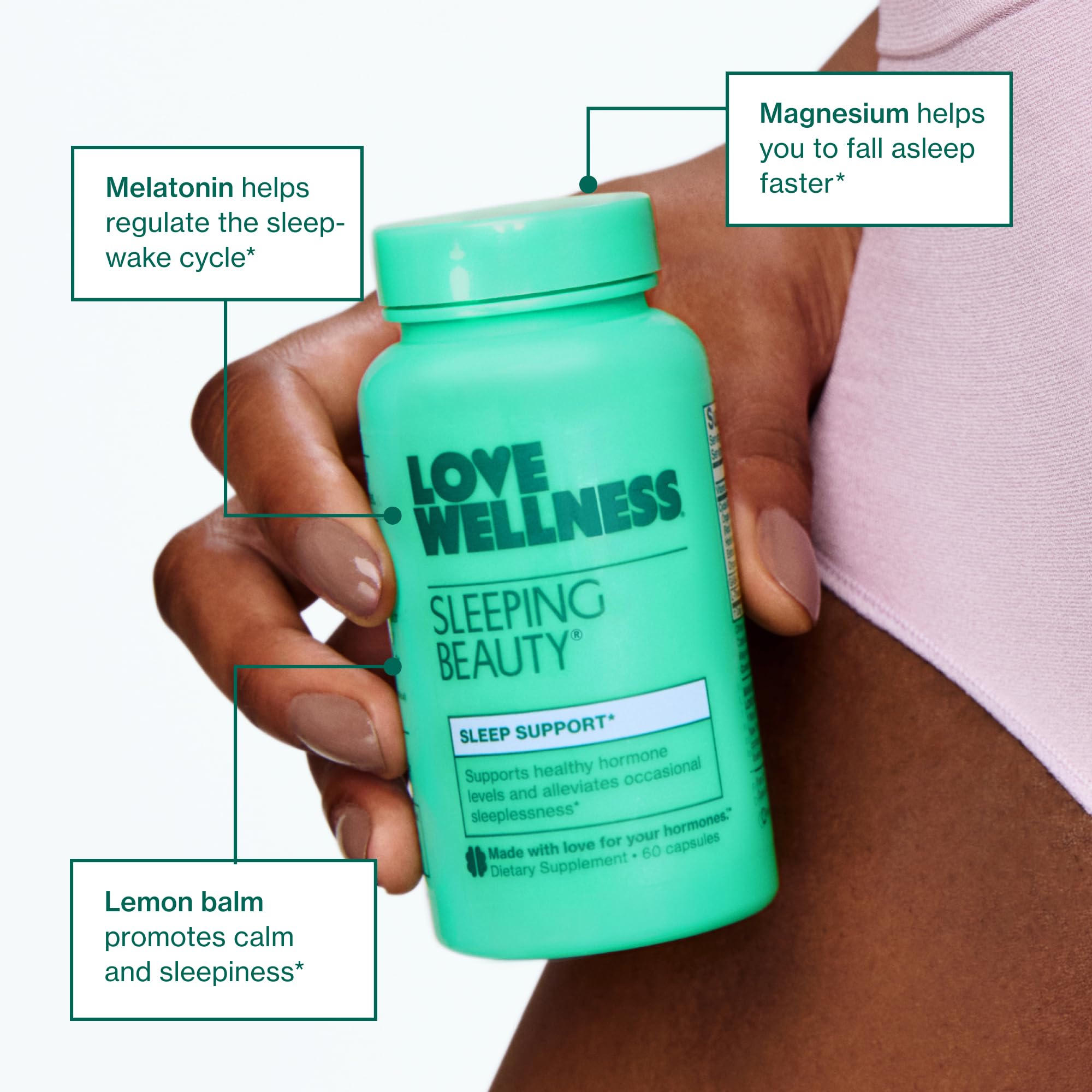 Love Wellness raíces de valeriana y bálsamo de limón como ingredientes naturales