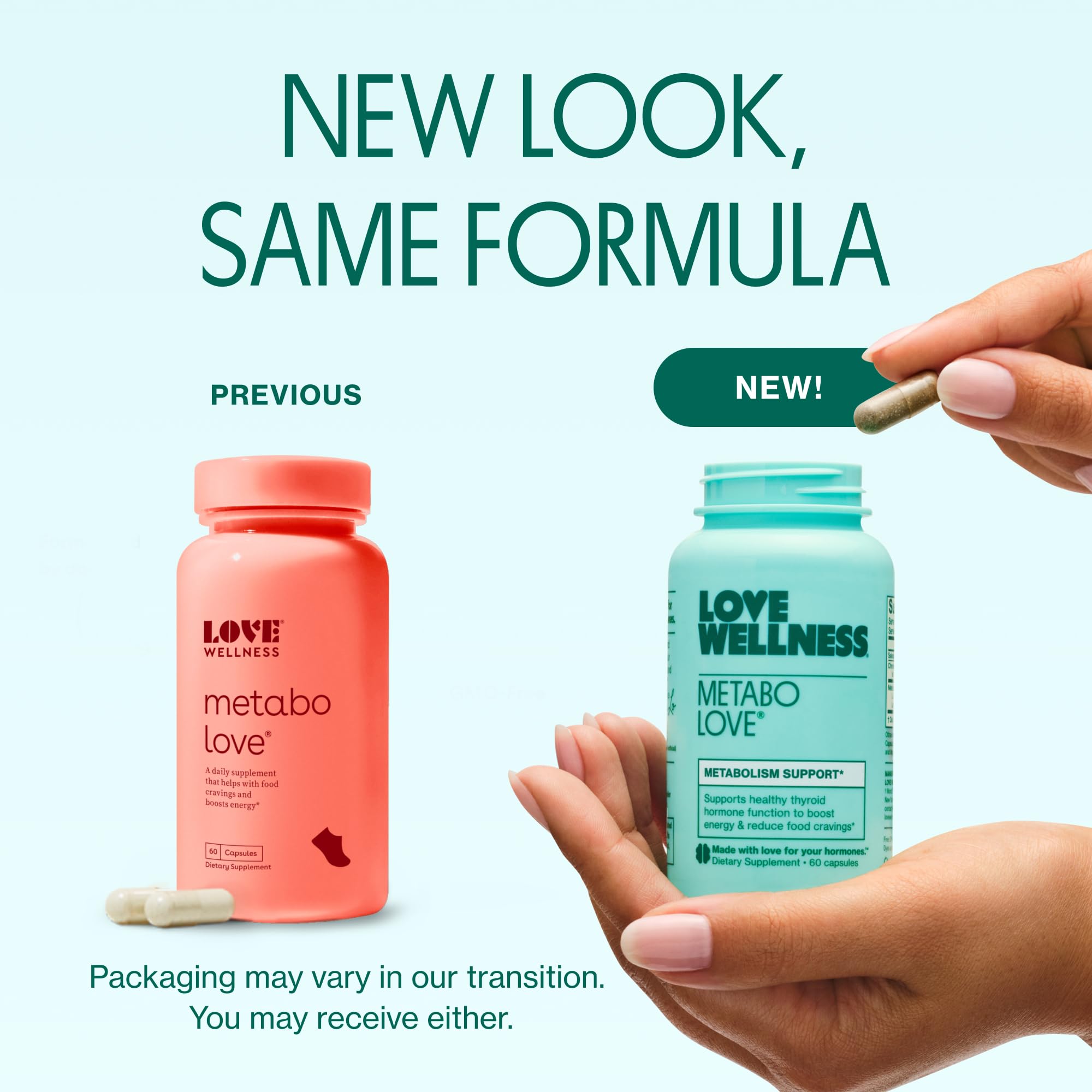 Love Wellness Metabolove botella abierta mostrando 60 cápsulas y fácil dosificación