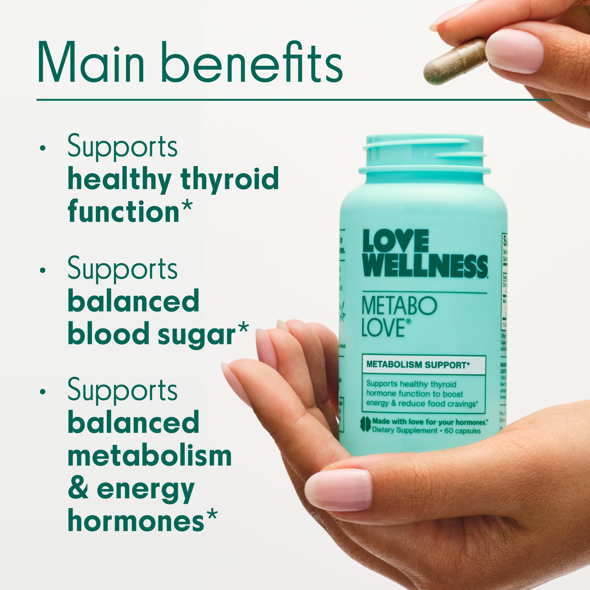 Love Wellness Metabolove primer plano de cápsula vegana, textura y contenido seguro