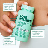Love Wellness Metabolove cápsulas en mano para mostrar tamaño y comodidad de uso