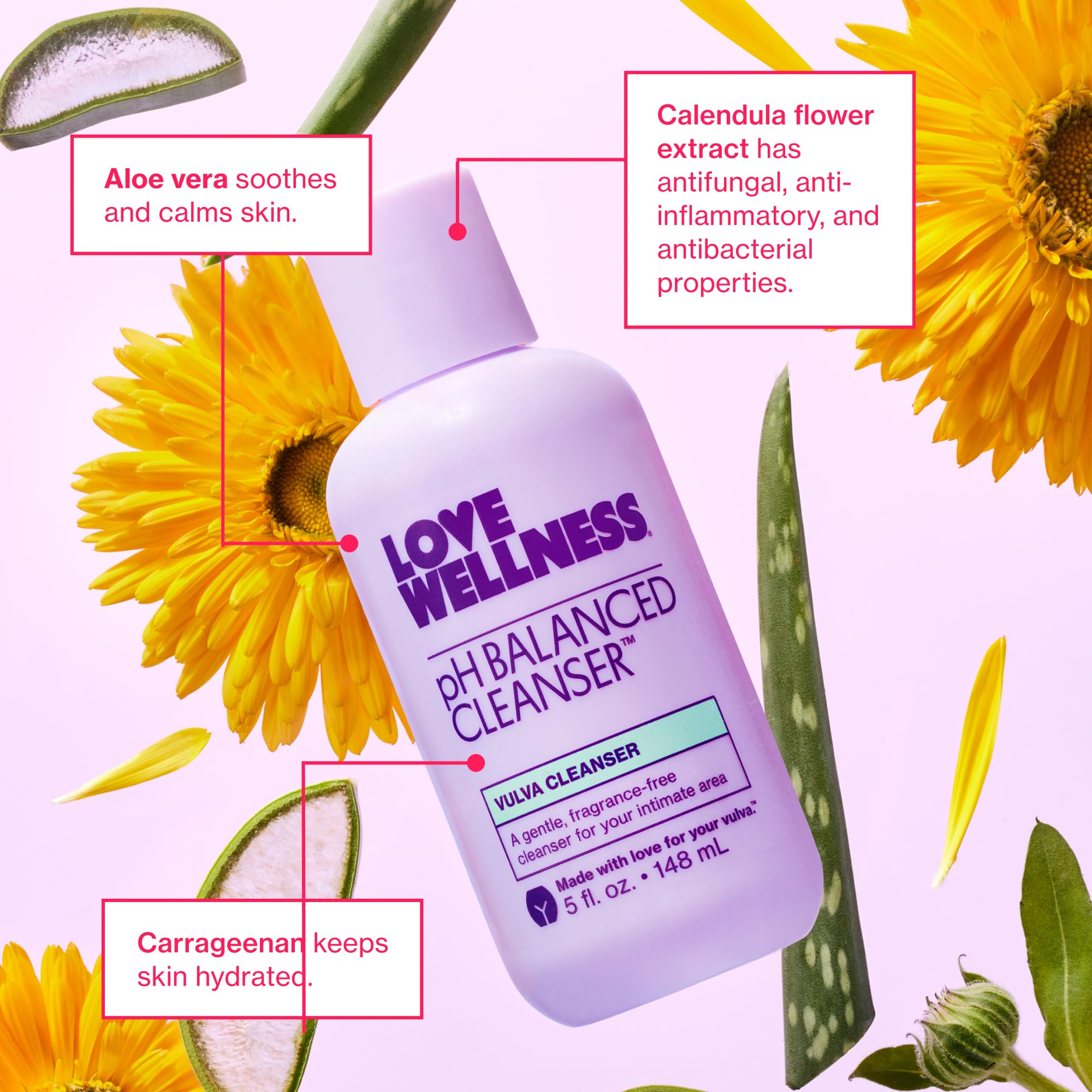 Love Wellness comparación de tamaño del limpiador 5 fl oz junto a la mano para escala