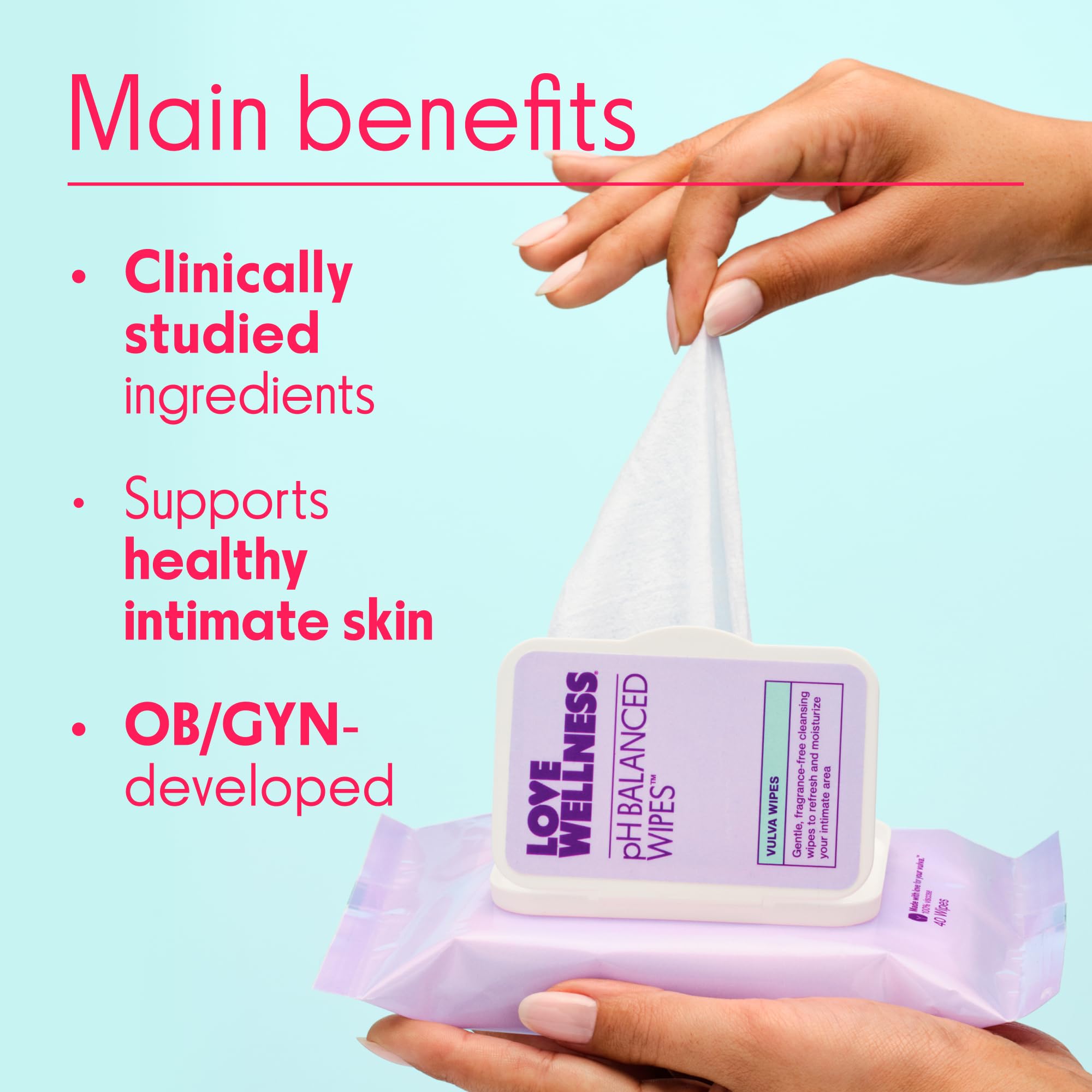 Love Wellness toallita en uso para higiene externa, limpieza rápida y discreta