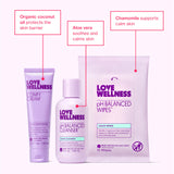 Love Wellness toallitas pH balanceadas paquete abierto frescura portátil
