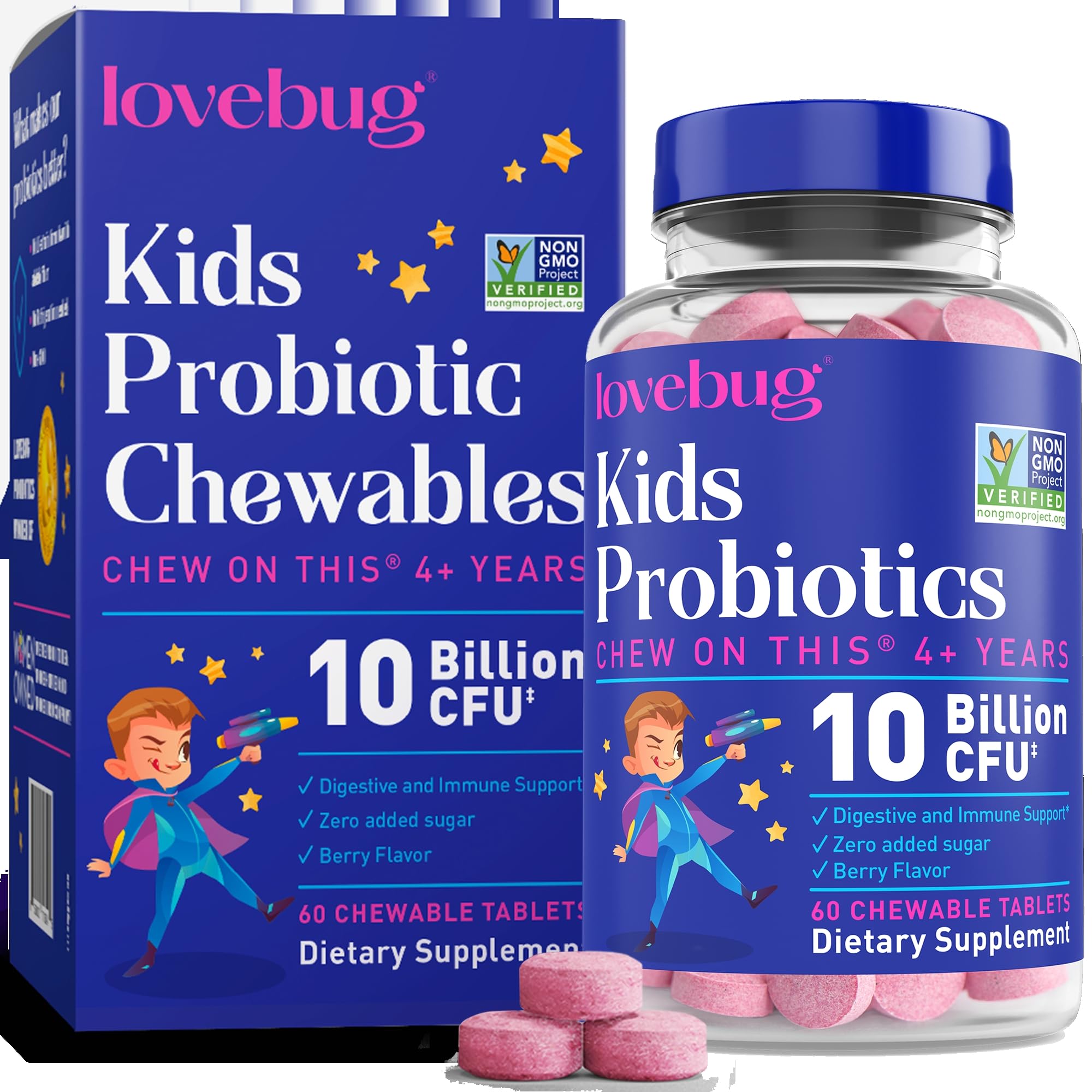LOVEBUG envase frontal mostrando beneficios y cantidad 60 ct