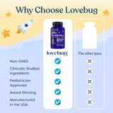 LOVEBUG etiqueta con lista de ingredientes y declaración libre de alérgenos para confianza