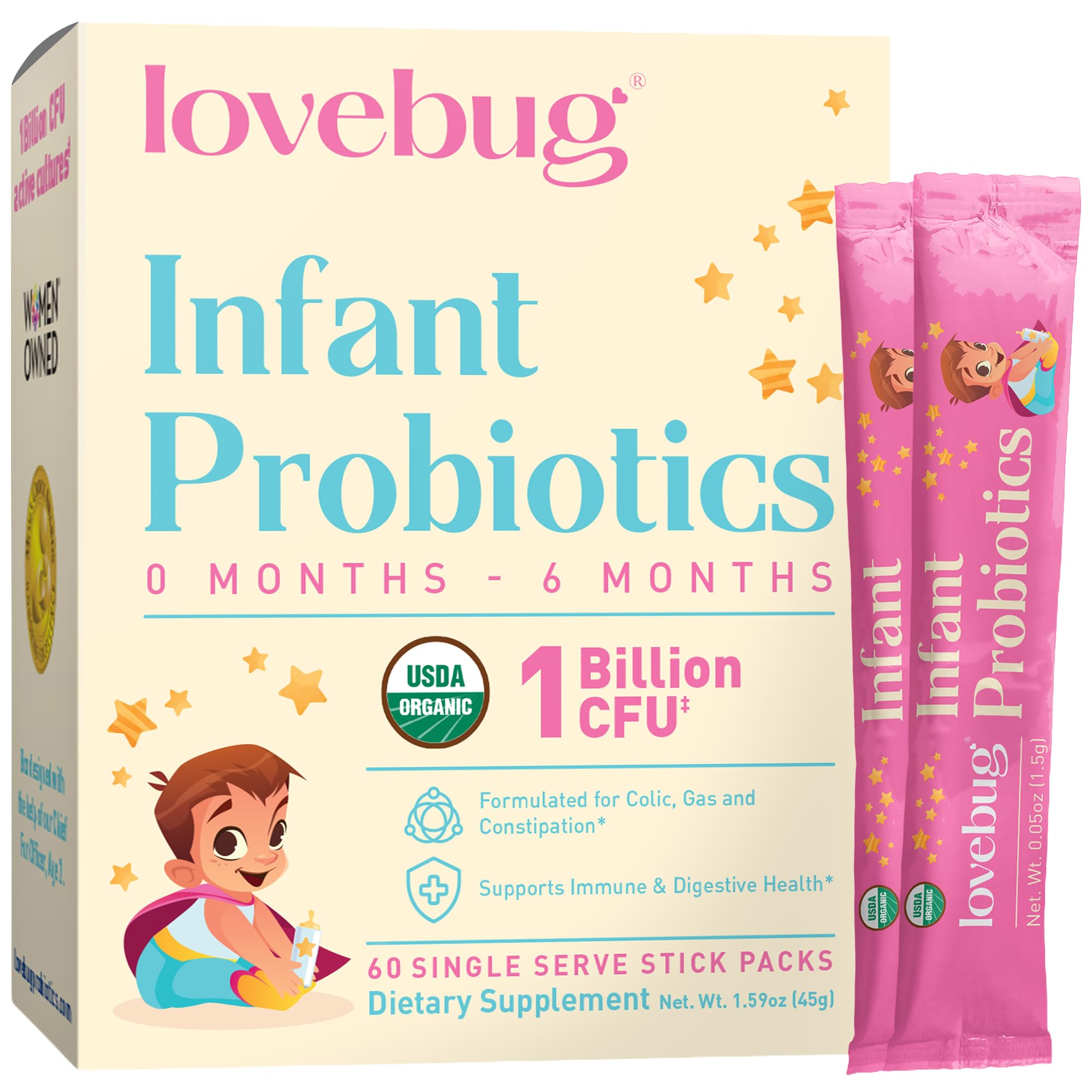 Lovebug frente del empaque mostrando formula orgánica y beneficio digestivo