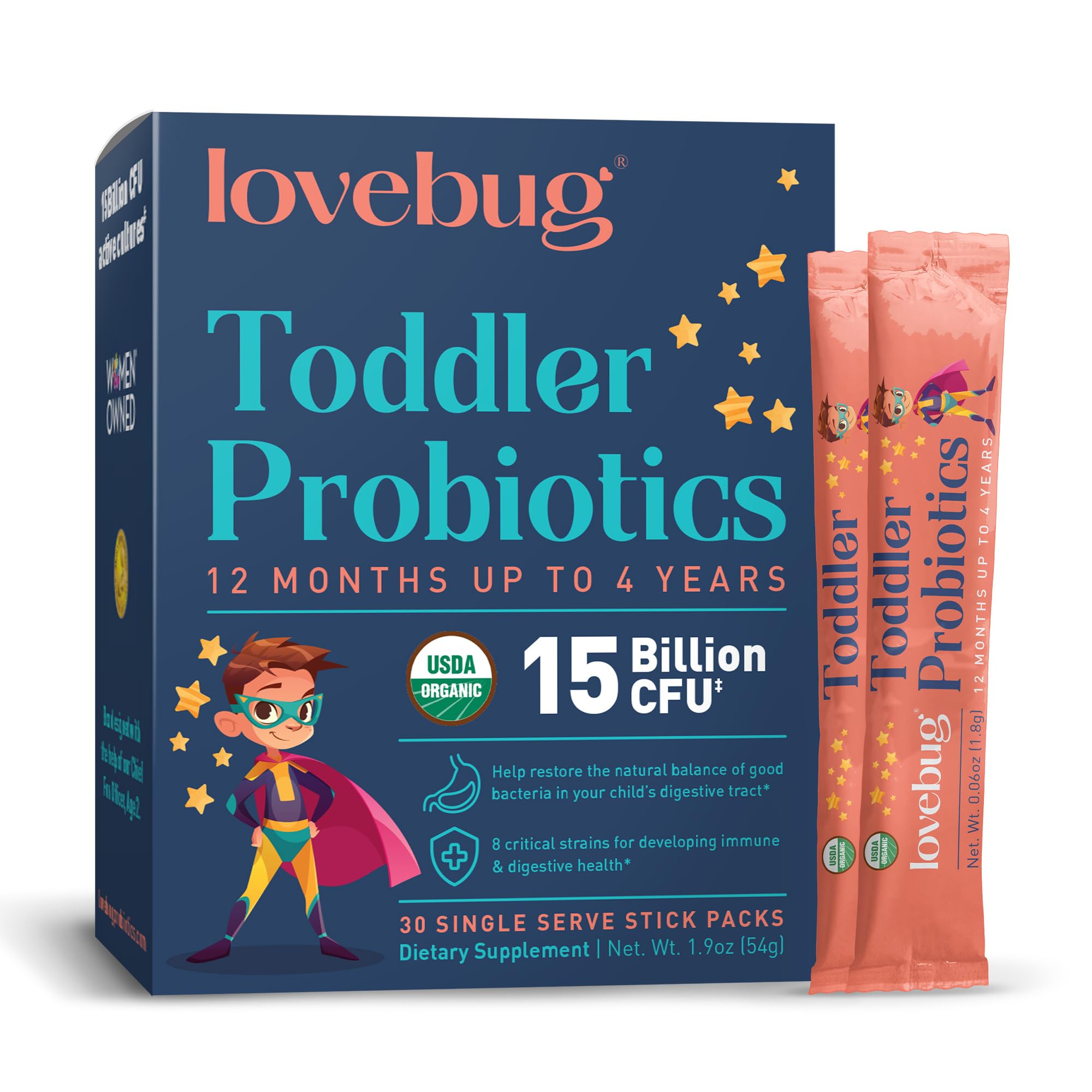 LOVEBUG envase frontal con 30 sobres, presenta formato práctico y dosis diaria