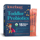 LOVEBUG envase frontal con 30 sobres, presenta formato práctico y dosis diaria