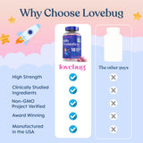 LOVEBUG envase junto a frutas que sugiere sabor natural a baya
