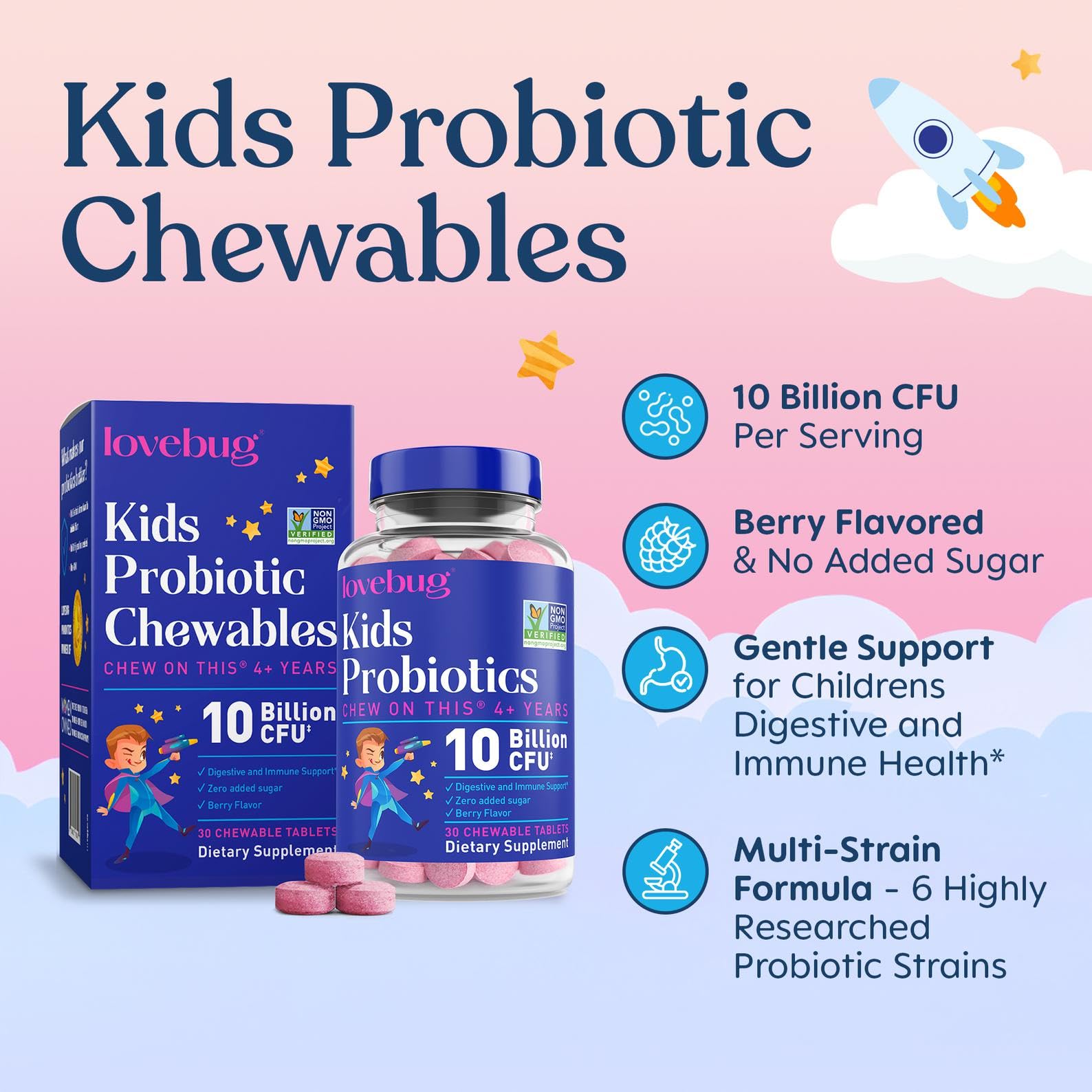 LOVEBUG tabletas masticables cerca con textura visible y sabor berry