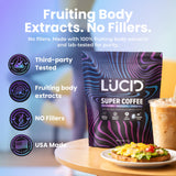Lucid hongos Lion's Mane y Cordyceps en plato señalando origen