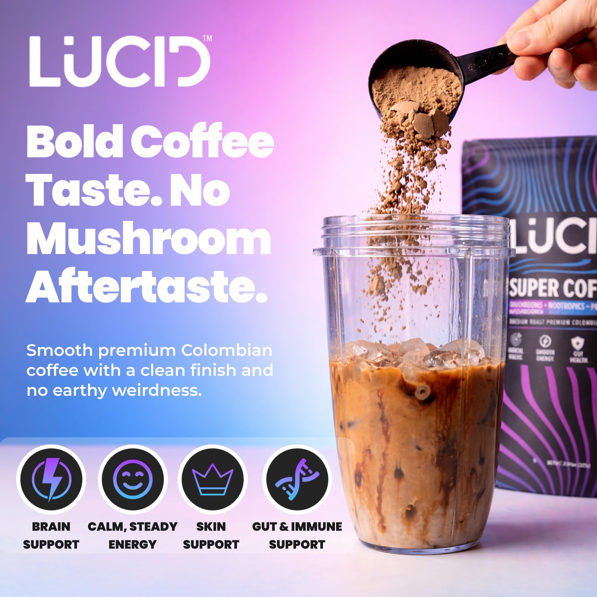 Lucid taza con café listo para beber, sabor rico y suave