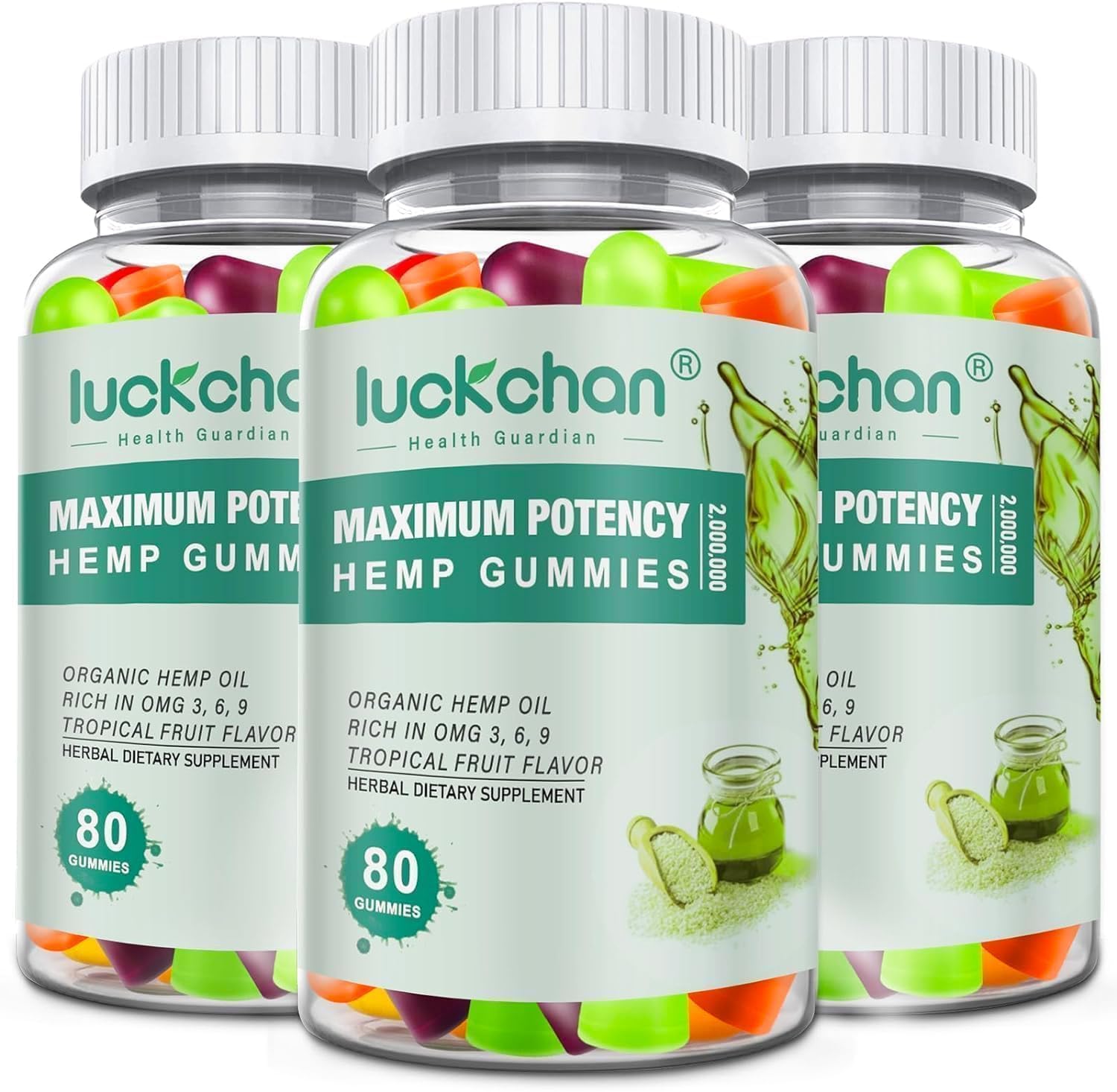 LUCKCHAN vista frontal del pack de tres frascos, conveniencia y ahorro