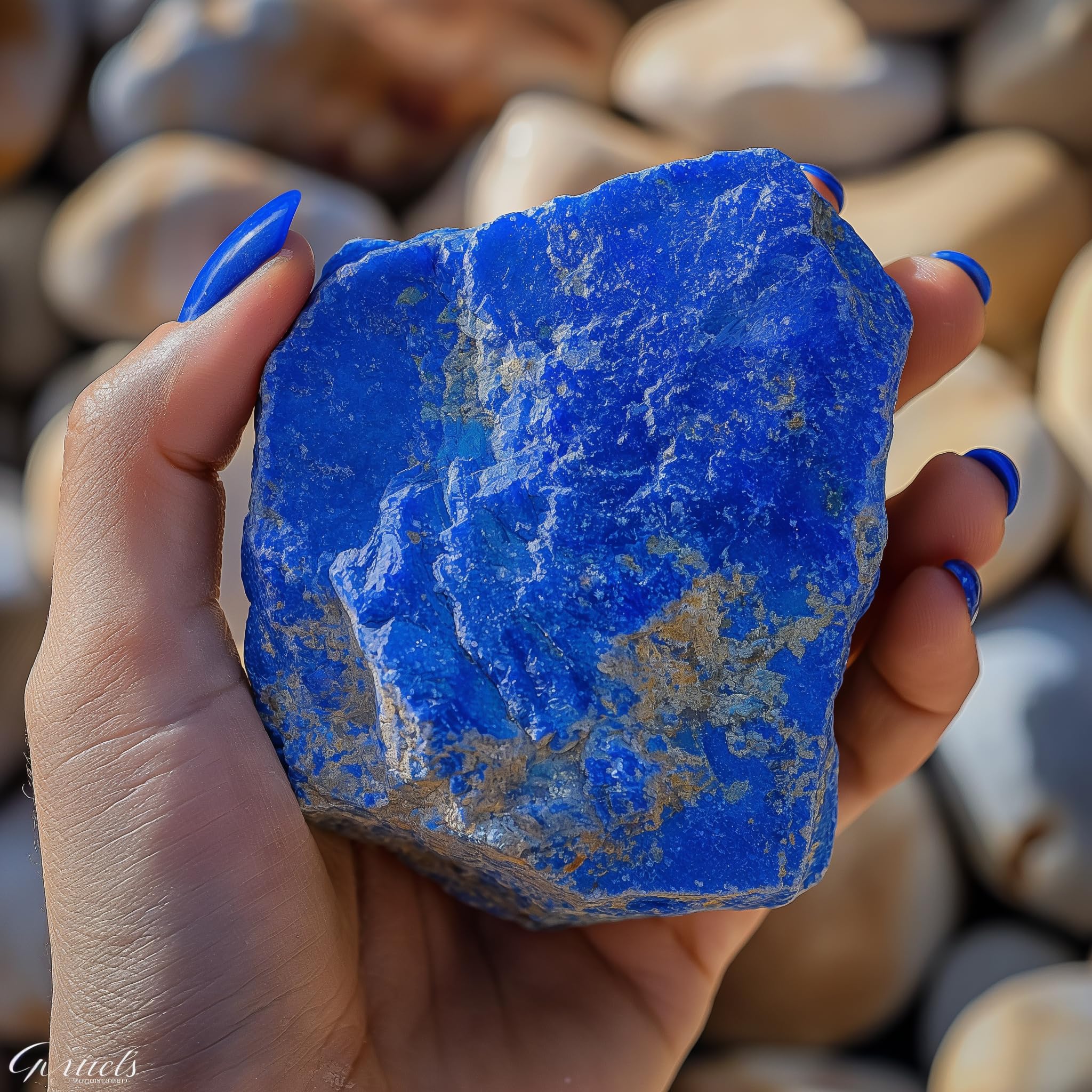 Luckeeper lapis lazuli piedras en mano para comparar tamaño y escala