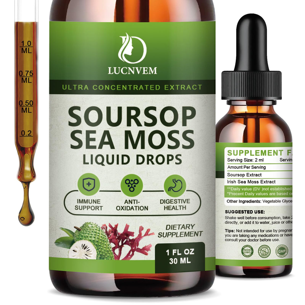 LUCNVEM frente del pack de dos gotas soursop y sea moss, fácil almacenamiento