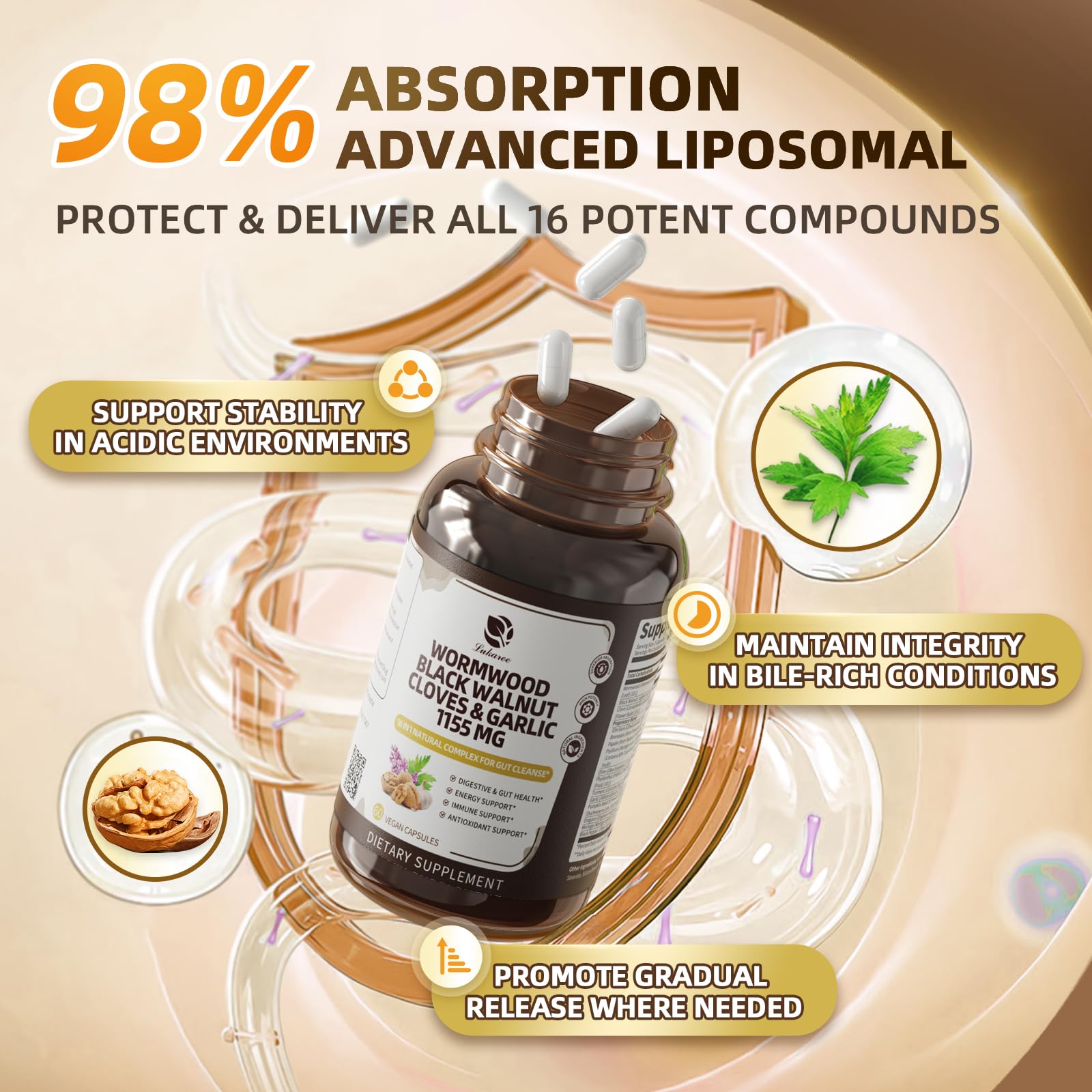 Lukaree cápsula abierta mostrando liposoma para destacar mayor protección y absorción