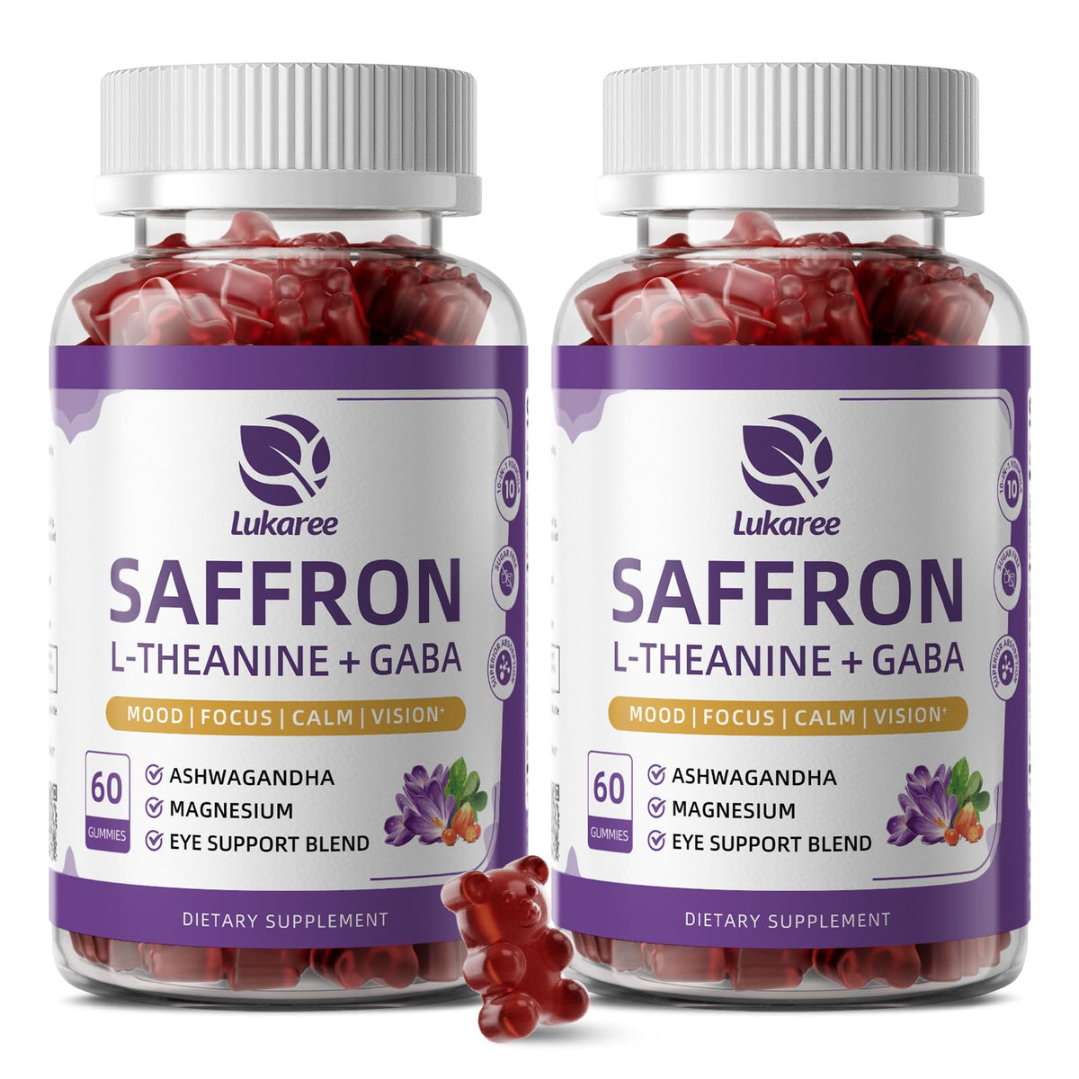Lukaree frasco delantero saffron gummies mostrando etiqueta clara y beneficio de ánimo
