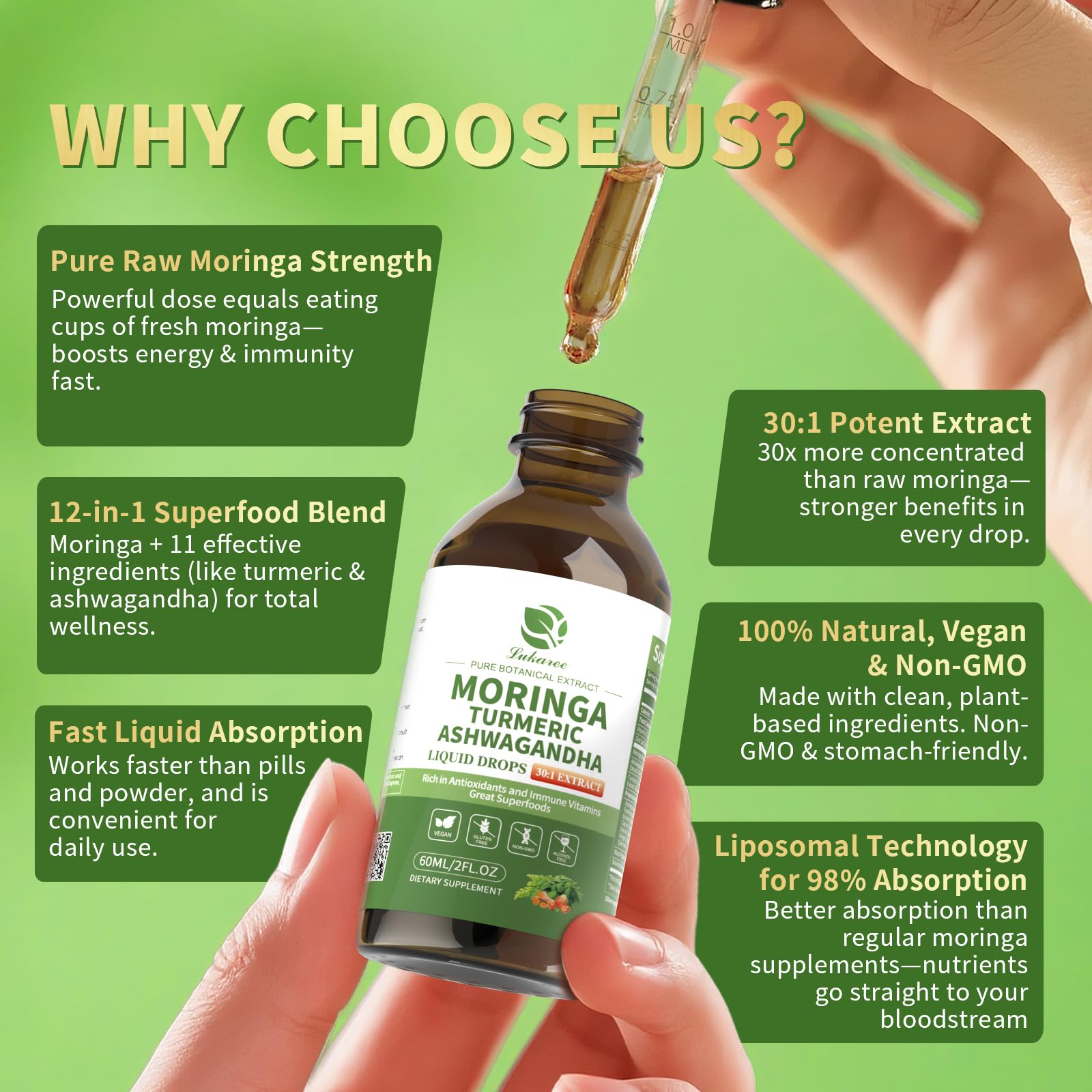 Lukaree hojas de moringa frescas, origen orgánico y extracción en frío