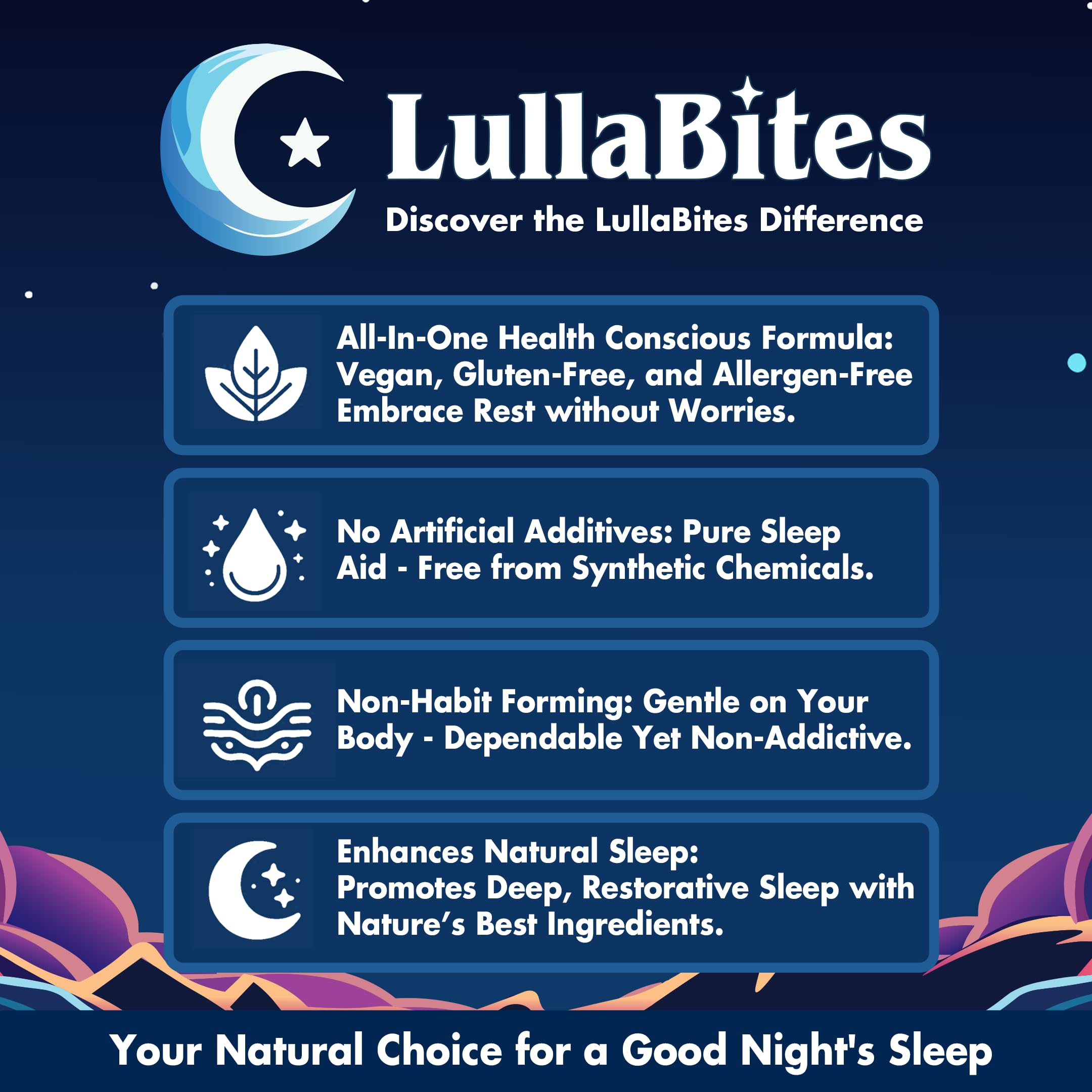 LullaBites etiqueta con ingredientes clave y declaración sin melatonina