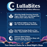 LullaBites etiqueta con ingredientes clave y declaración sin melatonina