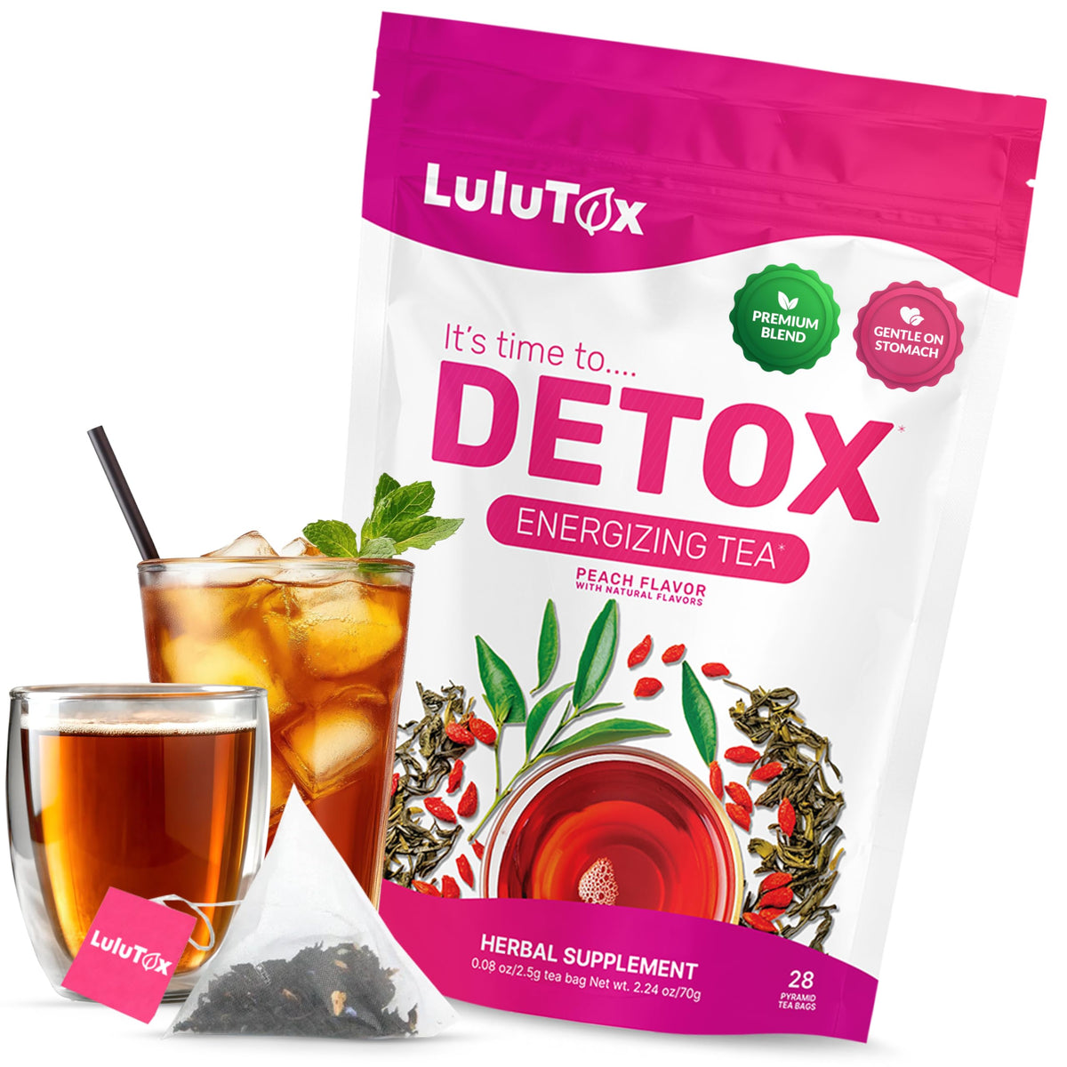 LULUTOX envase frontal mostrando mezcla durazno y beneficios