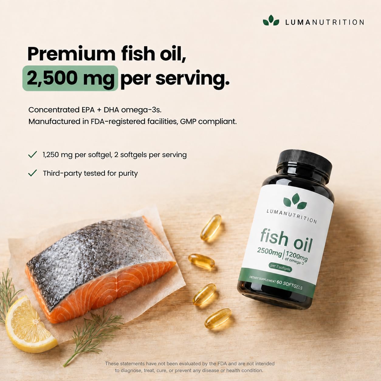 Luma Nutrition frasco abierto con cápsulas para fácil administración diaria