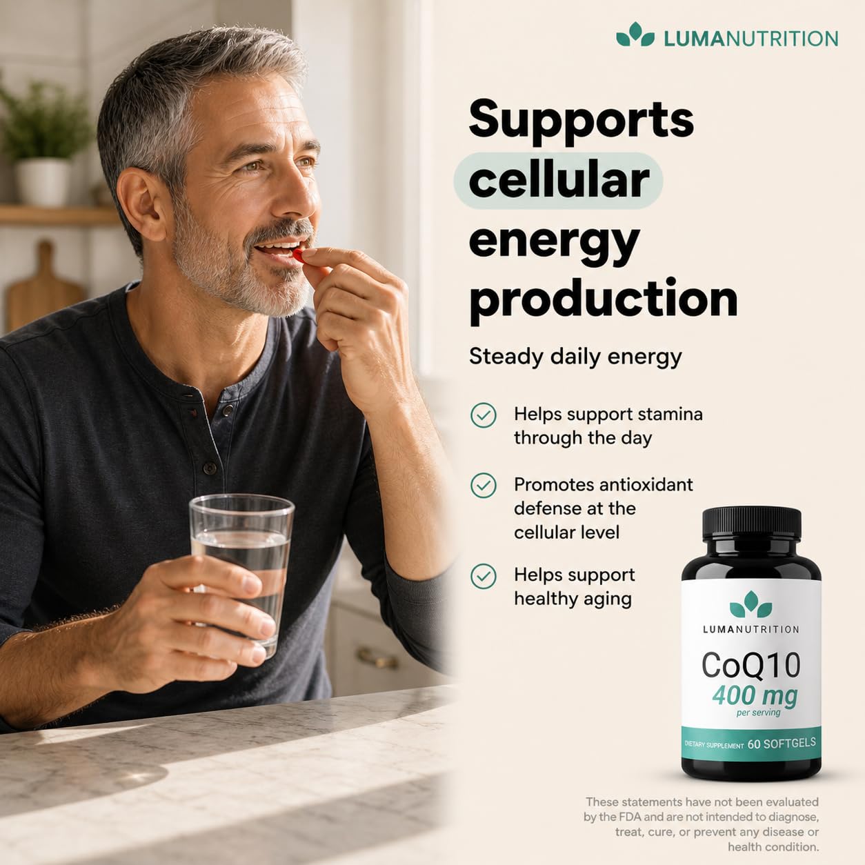 Luma Nutrition frasco abierto con softgels para destacar presentación mensual