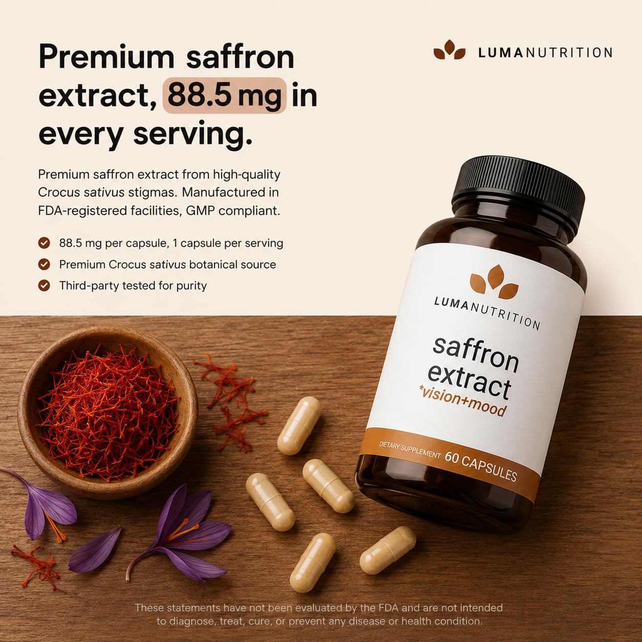 Luma Nutrition etiqueta detalle mostrando 88,50 mg y certificación de calidad
