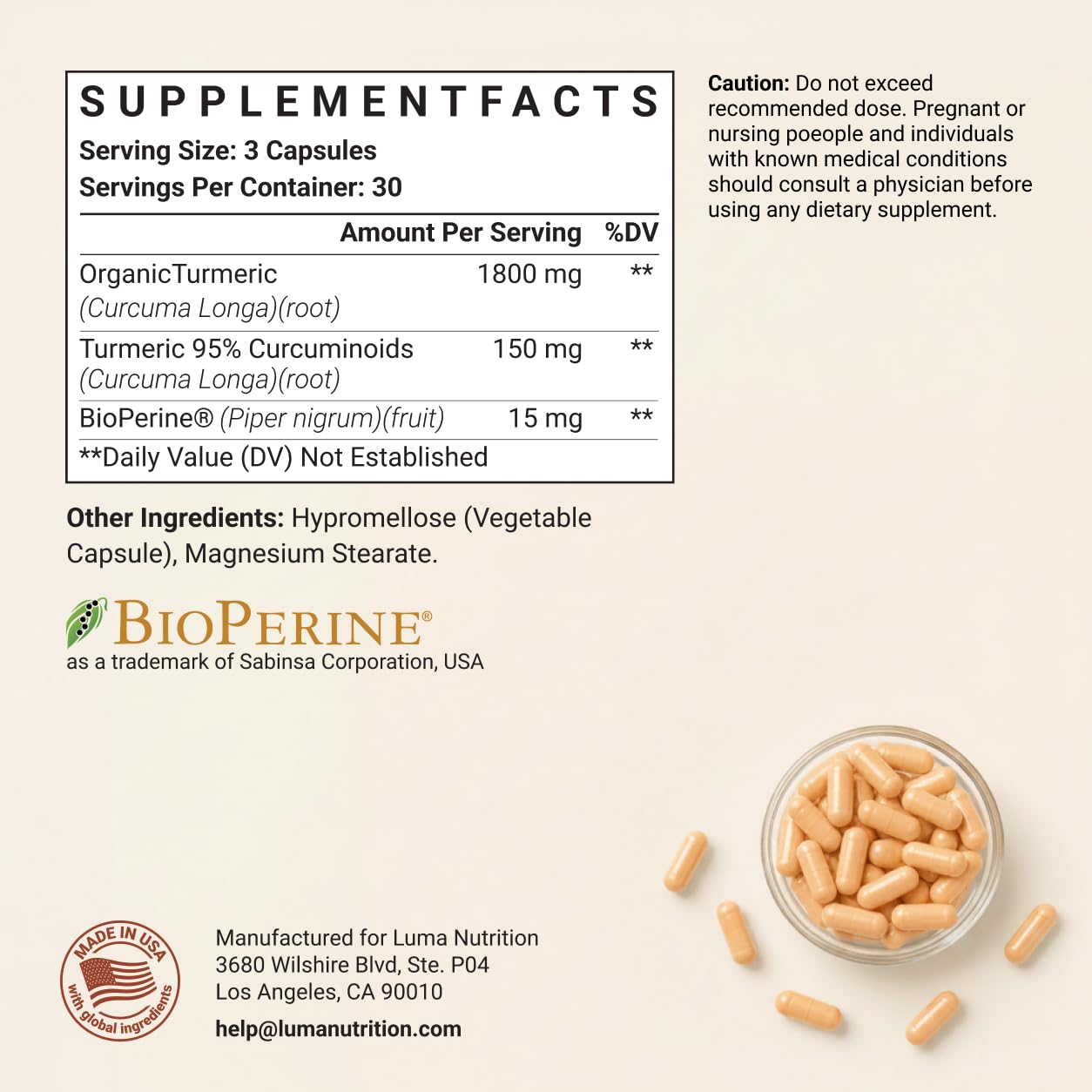 Luma Nutrition etiqueta nutricional legible destacando 95% curcuminoides