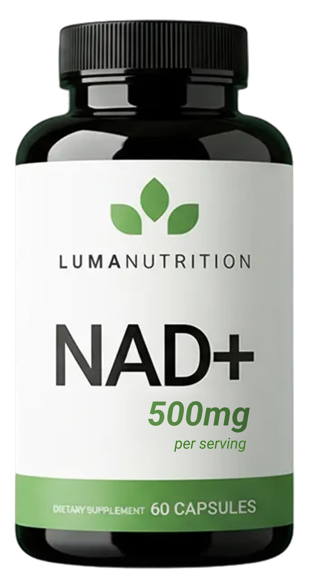 Luma Nutrition frasco frontal mostrando etiqueta y cantidad, confianza en calidad