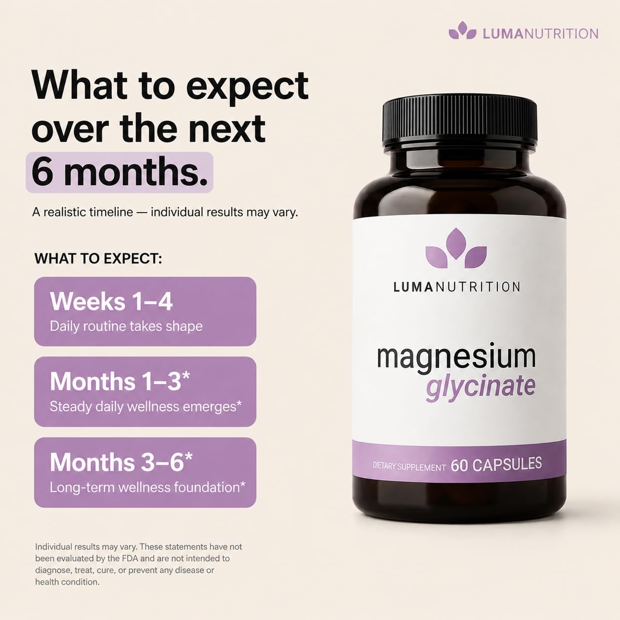 Luma Nutrition escena nocturna suplemento junto a vaso para mejorar descanso