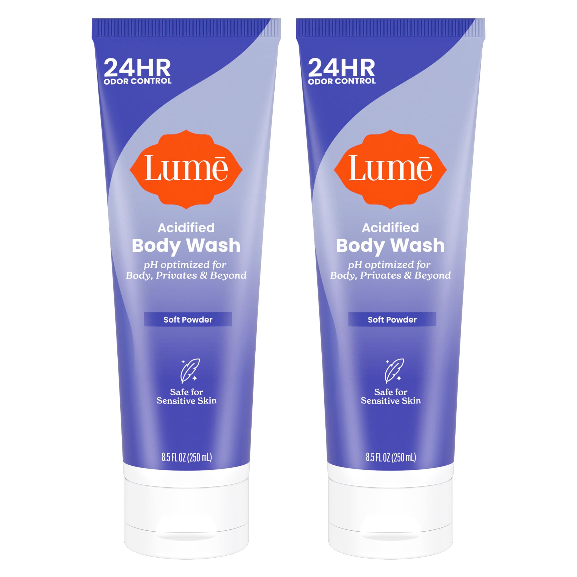 Lume frontal del envase mostrando fragancia Soft Powder y beneficios