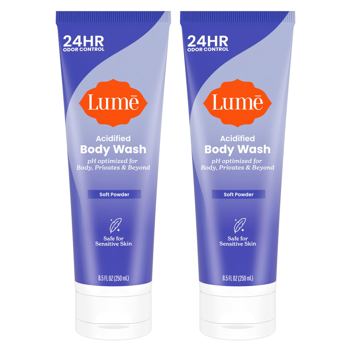 Lume frontal del envase mostrando fragancia Soft Powder y beneficios