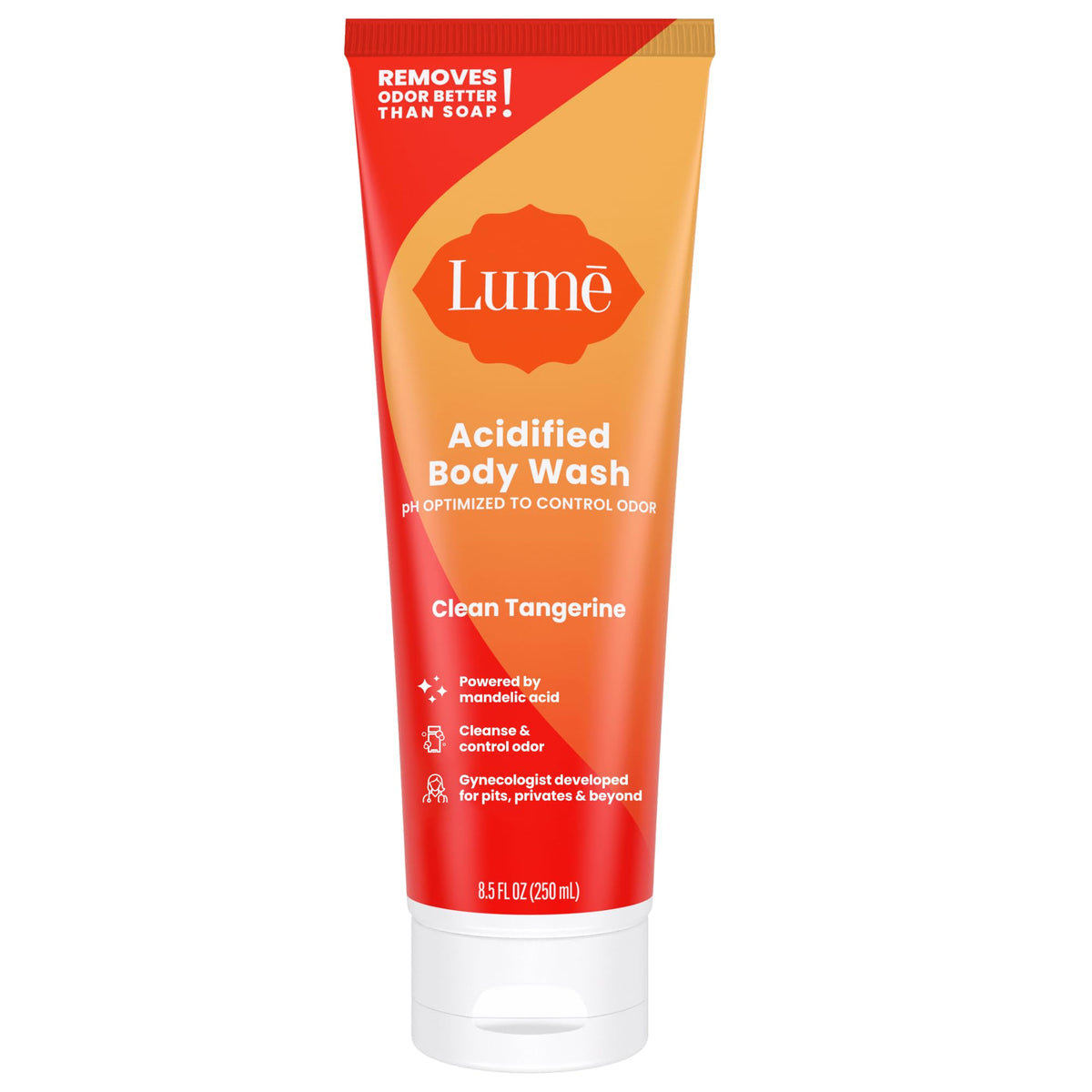 Lume frasco frontal Clean Tangerine mostrando diseño y beneficio de control de olor