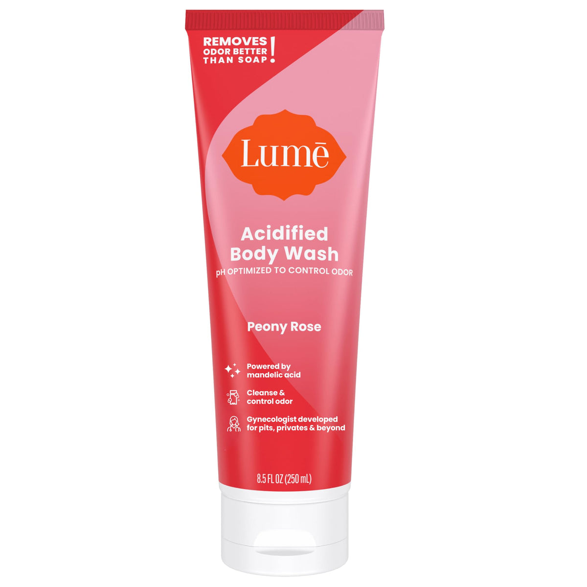Lume Peony Rose botella frontal mostrando beneficio control olor
