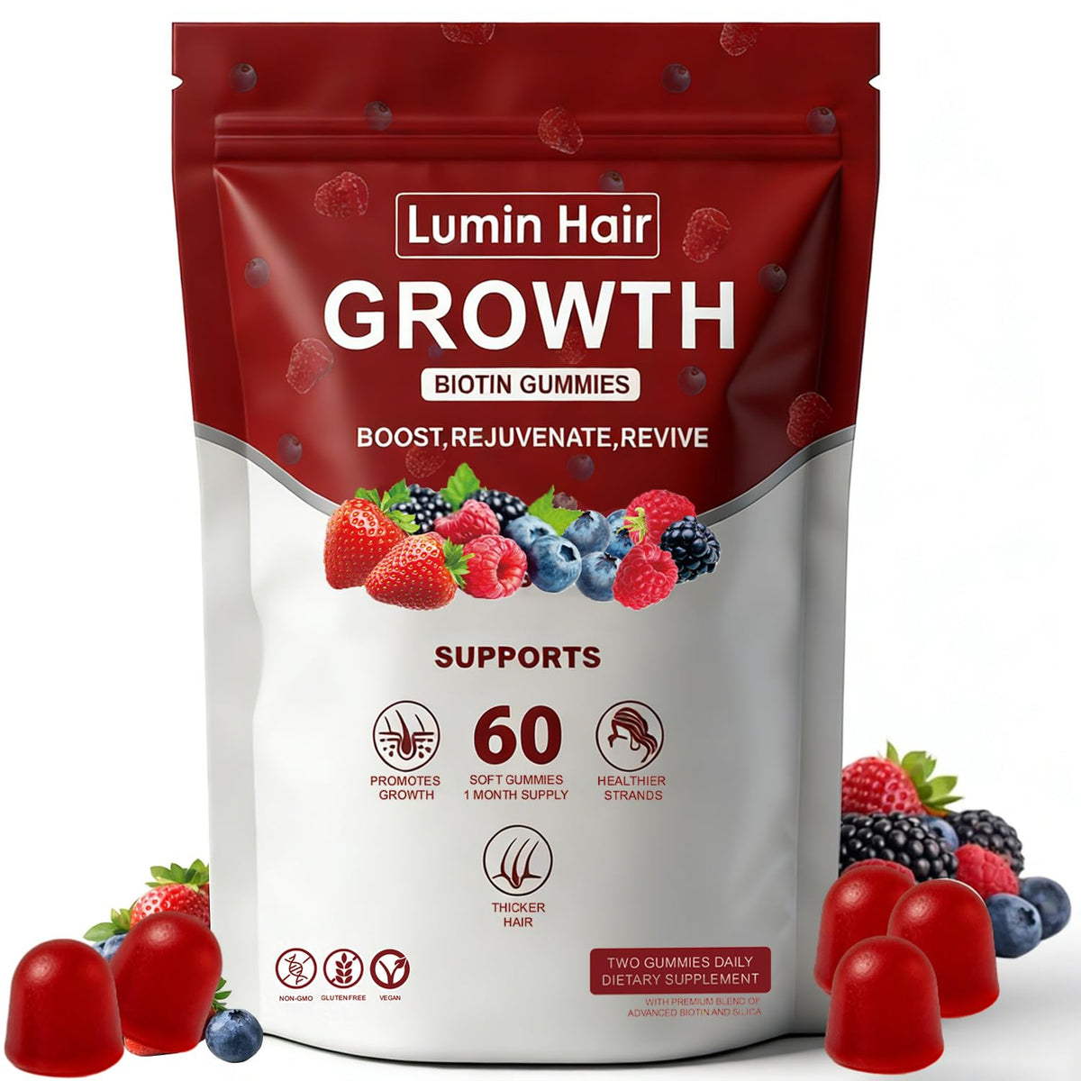 Lumin Hair frente del empaque mostrando 60 gomitas y beneficio de rutina fácil