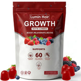Lumin Hair frente del empaque mostrando 60 gomitas y beneficio de rutina fácil