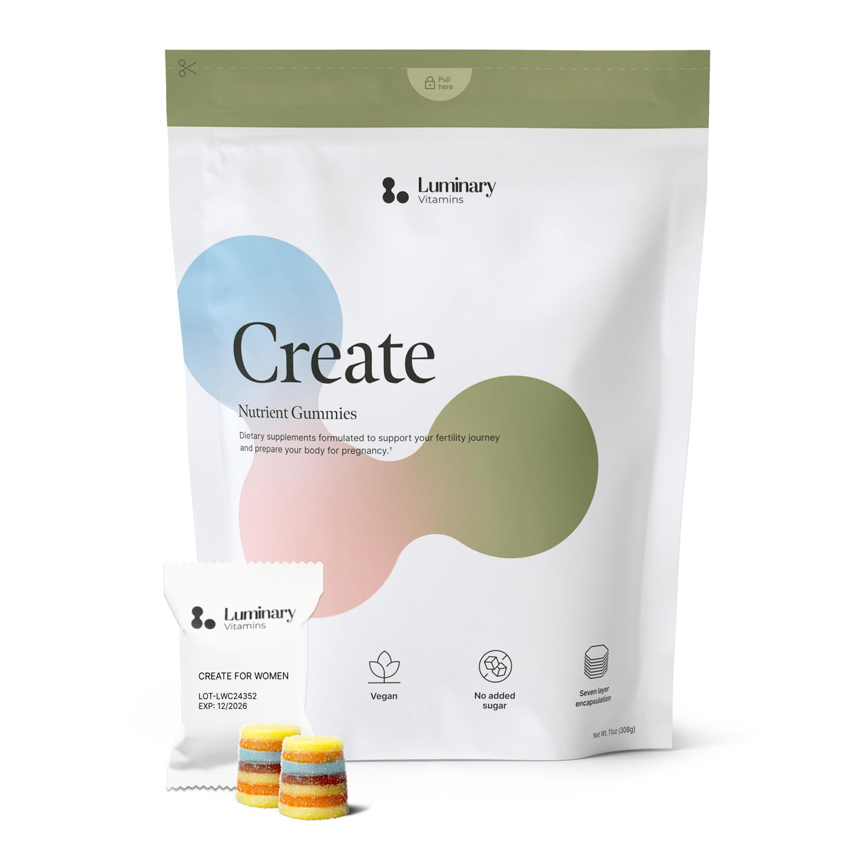 Luminary Vitamins frente del envase mostrando la marca y beneficios principales