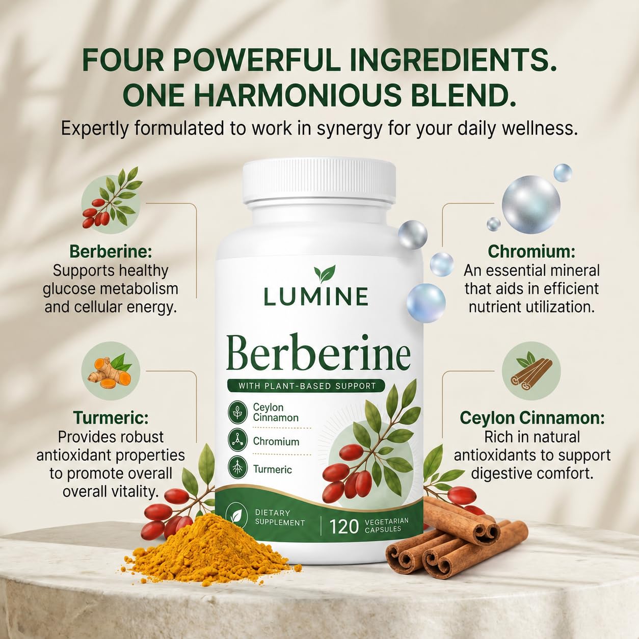 LUMINE polvo de ingredientes naturales representando la mezcla vegetal del producto