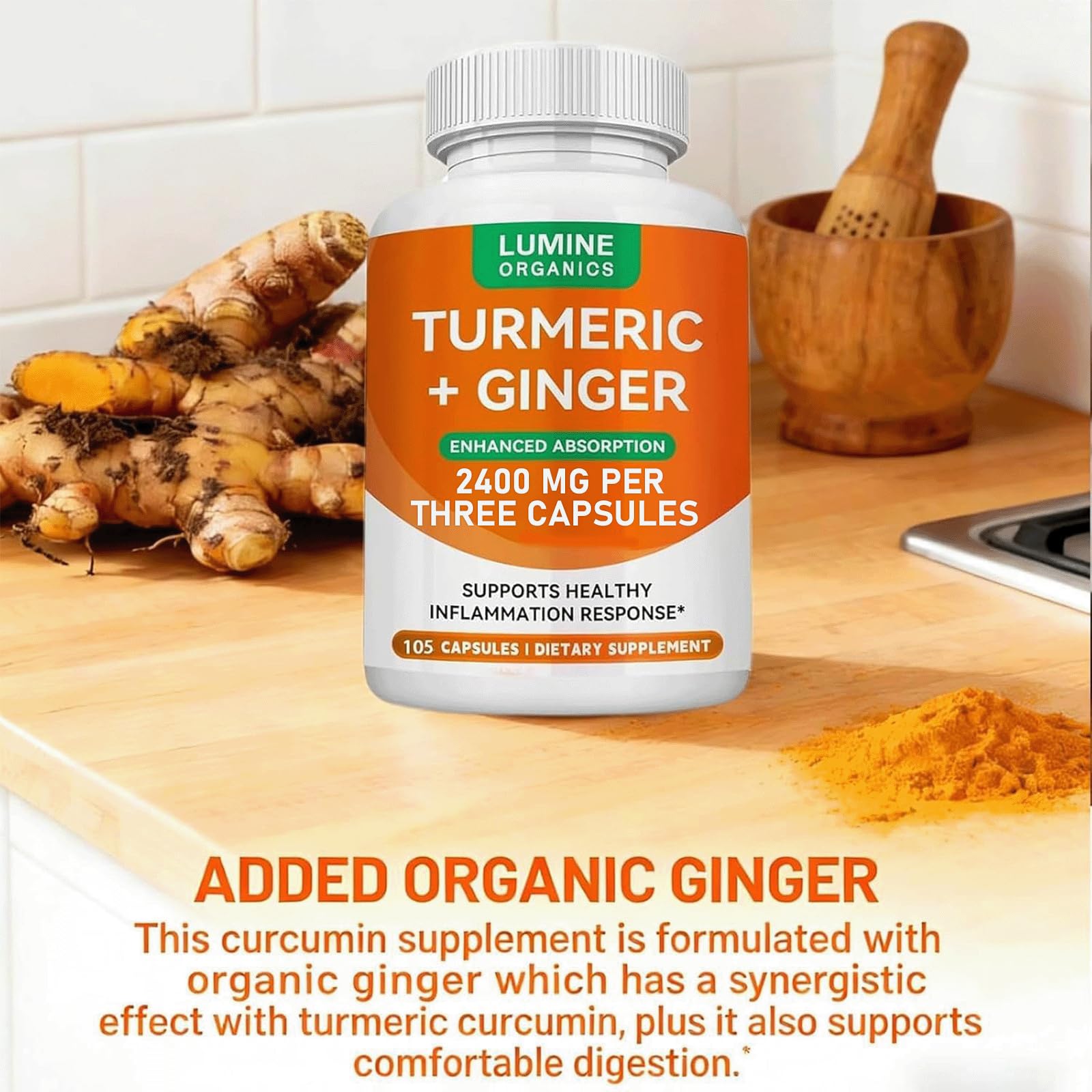Lumine Organic ingredientes clave jengibre y propóleo en una composición clara