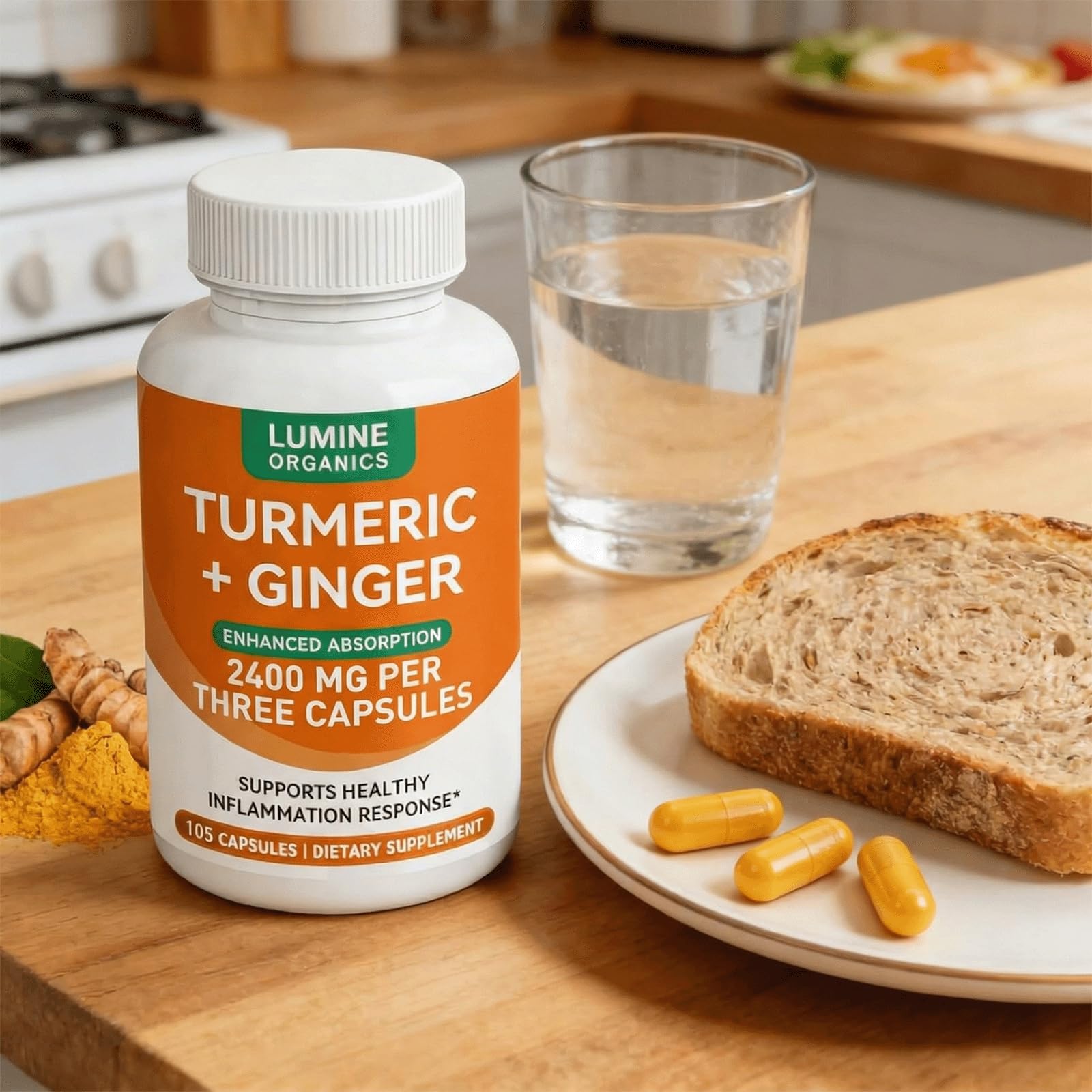 Lumine Organic frasco en una cocina mostrando uso diario y conveniencia