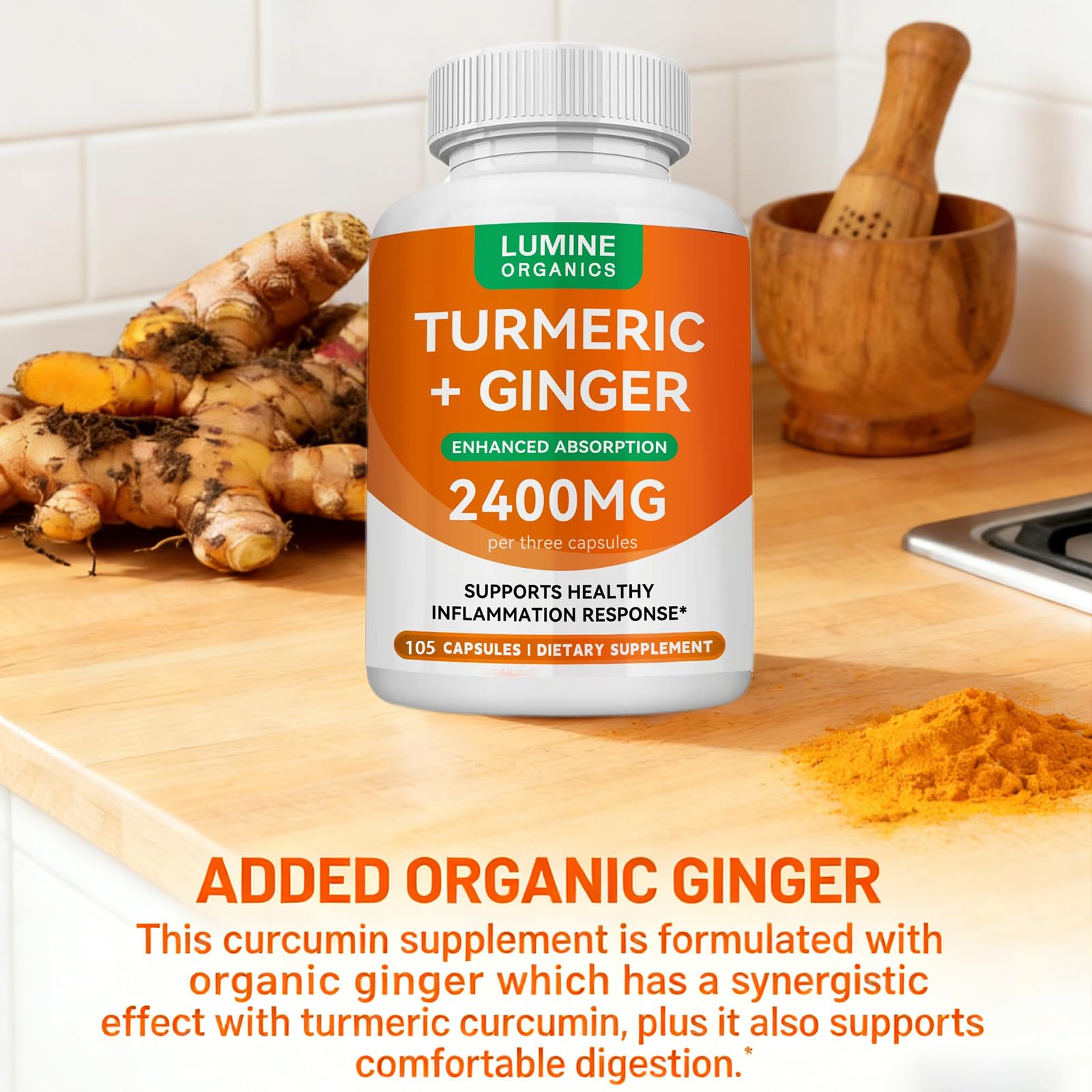 Lumine Organics botella junto a objetos cotidianos para comparar tamaño