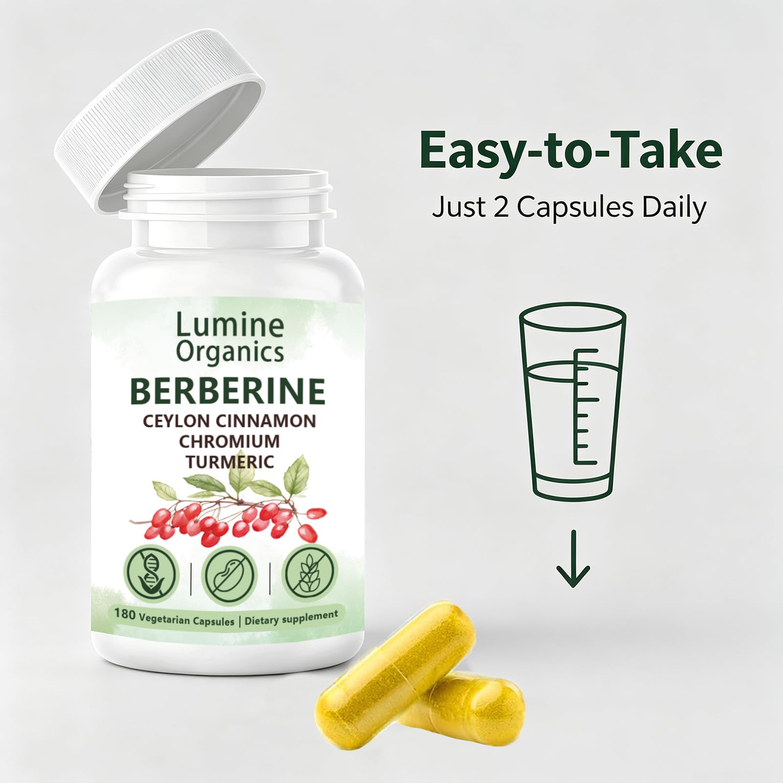 Lumine Organics frasco en mesa junto a alimentos saludables para estilo de vida